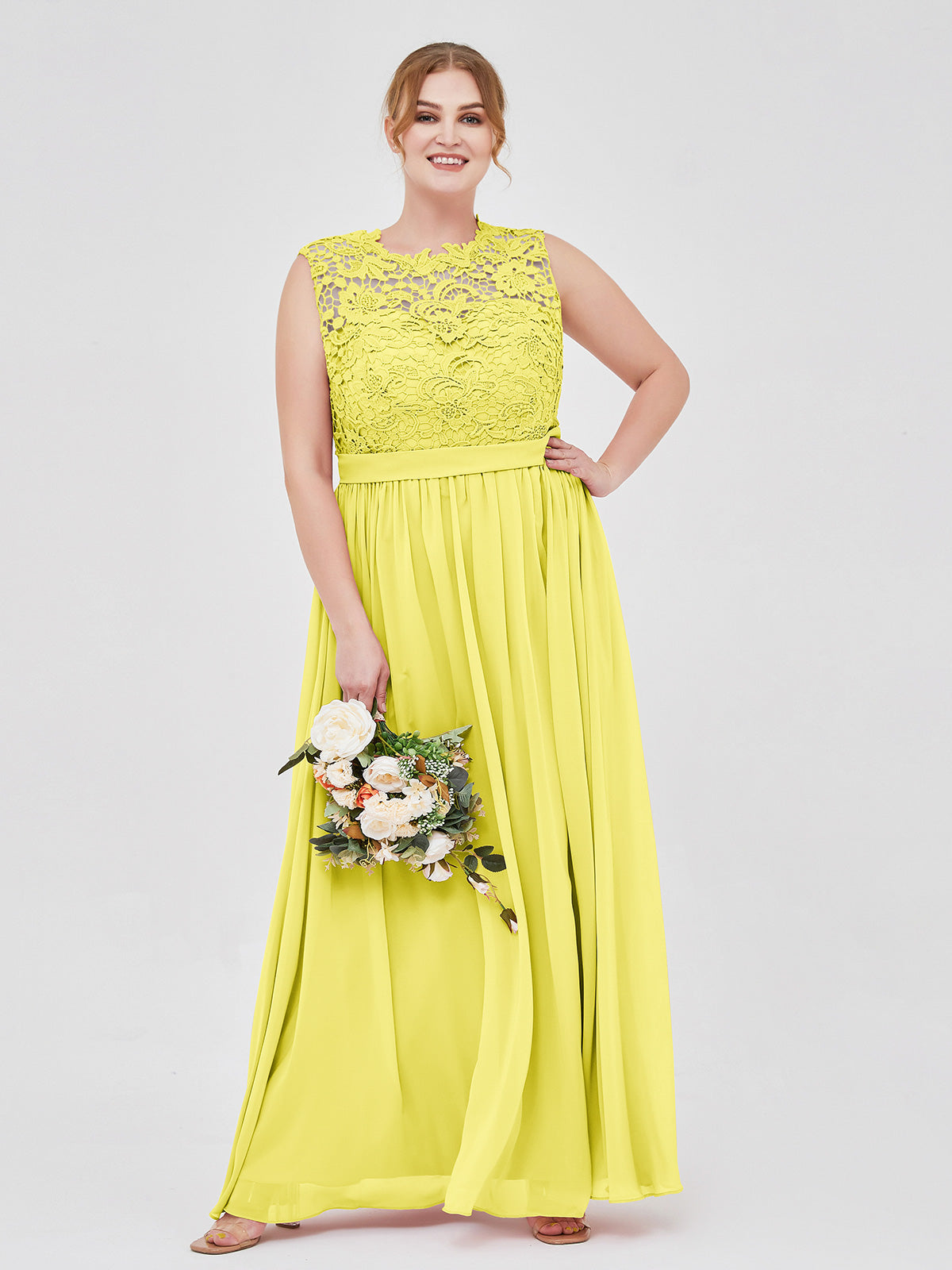 Illusion Neck Chiffon and Lace Dresses Lemon – BABARONI