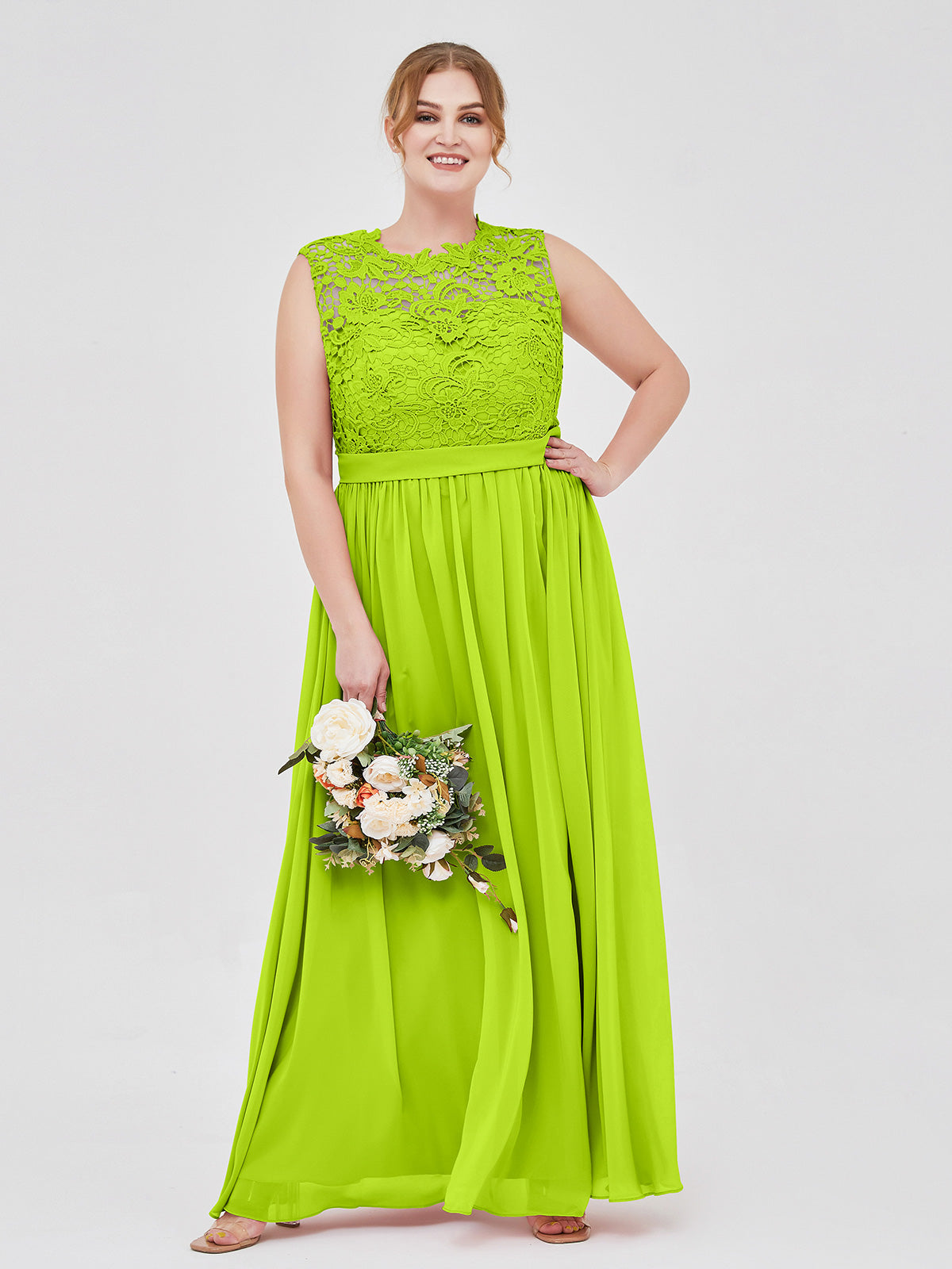 Lime Green Plus Size Lace Bodice Chiffon Bridesmaid Dress BABARONI Illusion Neck Formal Gown for Wedding Party