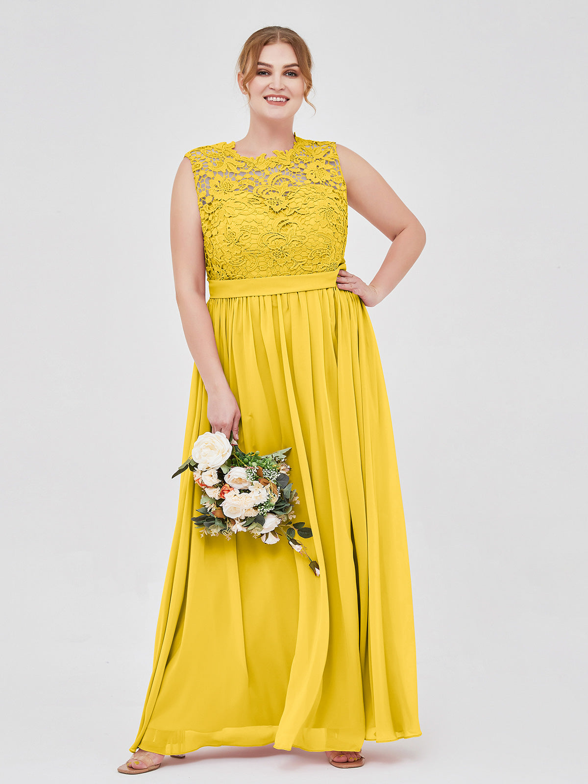 Marigold Plus Size Lace Bodice Chiffon Bridesmaid Dress BABARONI Illusion Neck Formal Gown for Wedding Party