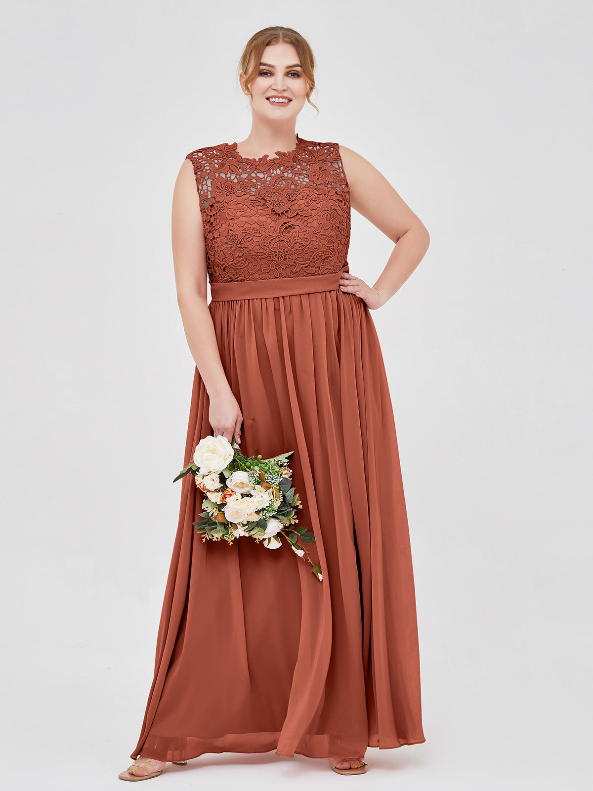 Rust Plus Size Lace Bodice Chiffon Bridesmaid Dress BABARONI Illusion Neck Formal Gown for Wedding Party