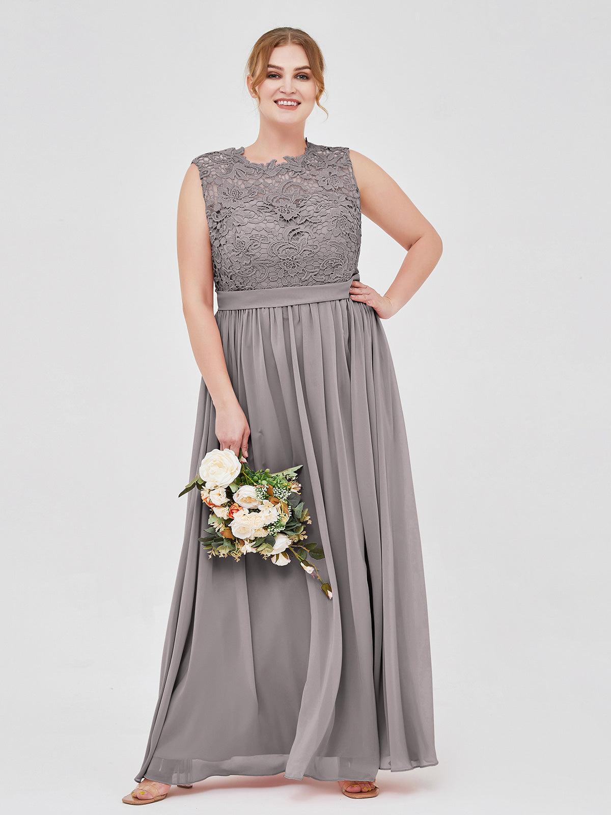 Silver Plus Size Lace Bodice Chiffon Bridesmaid Dress BABARONI Illusion Neck Formal Gown for Wedding Party
