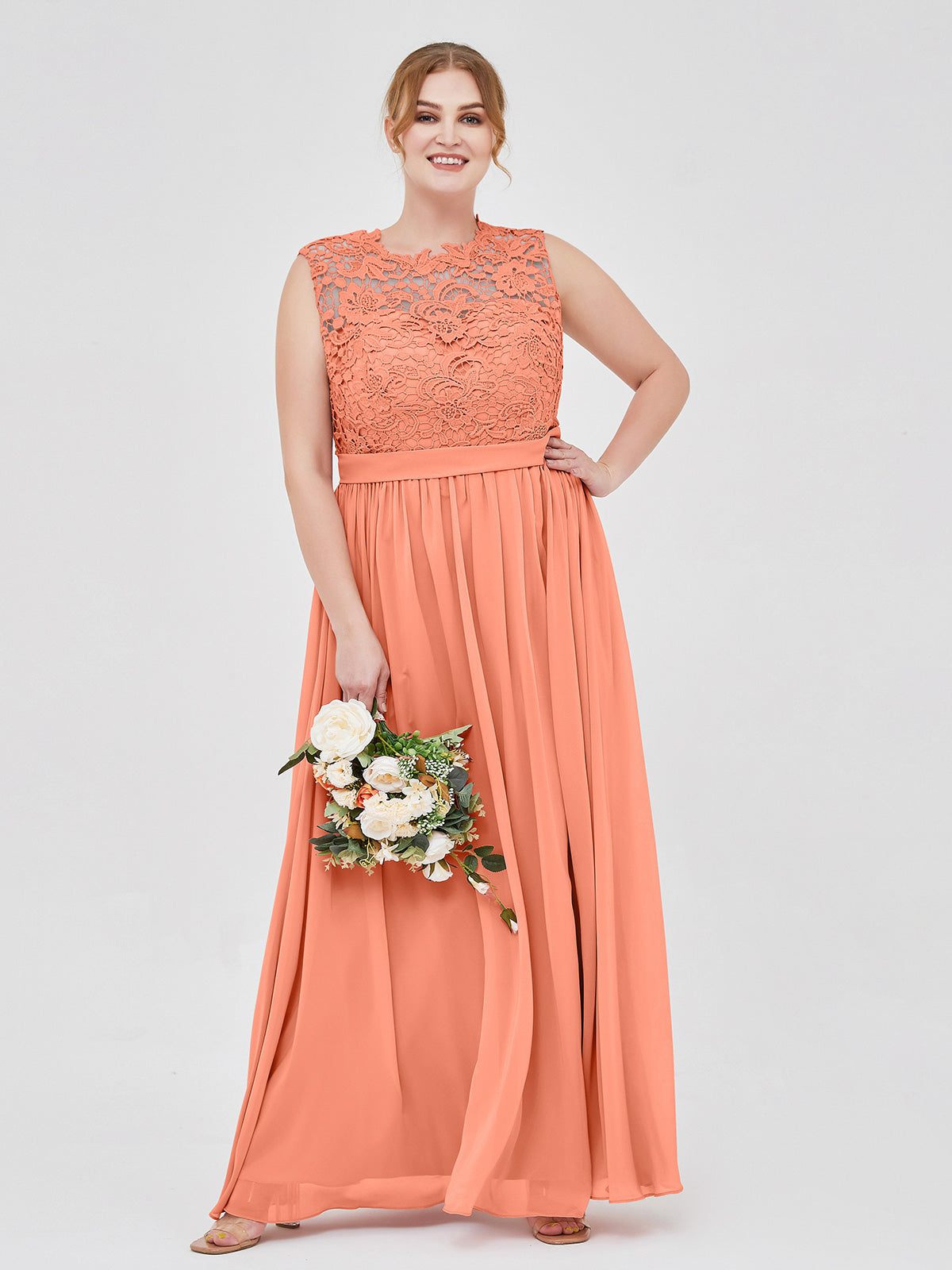 BABARONI Chiffon Sunset Bridesmaid Dresses Scoop Floor-length Sleeveless Lace A-line BABARONI Chiffon Sunset Bridesmaid Dresses Scoop Floor-length Sleeveless Lace A-line