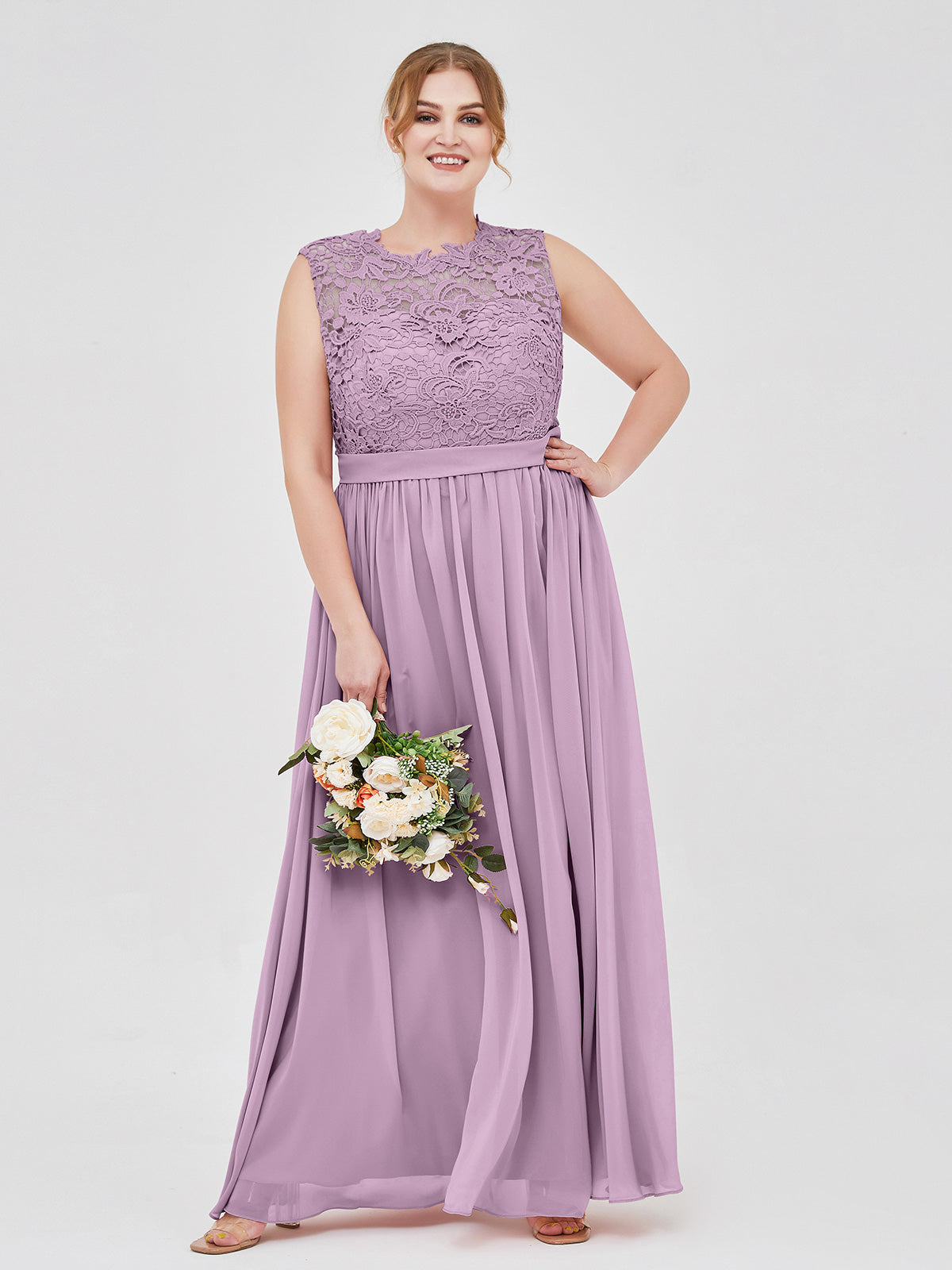 Wisteria Plus Size Lace Bodice Chiffon Bridesmaid Dress BABARONI Illusion Neck Formal Gown for Wedding Party