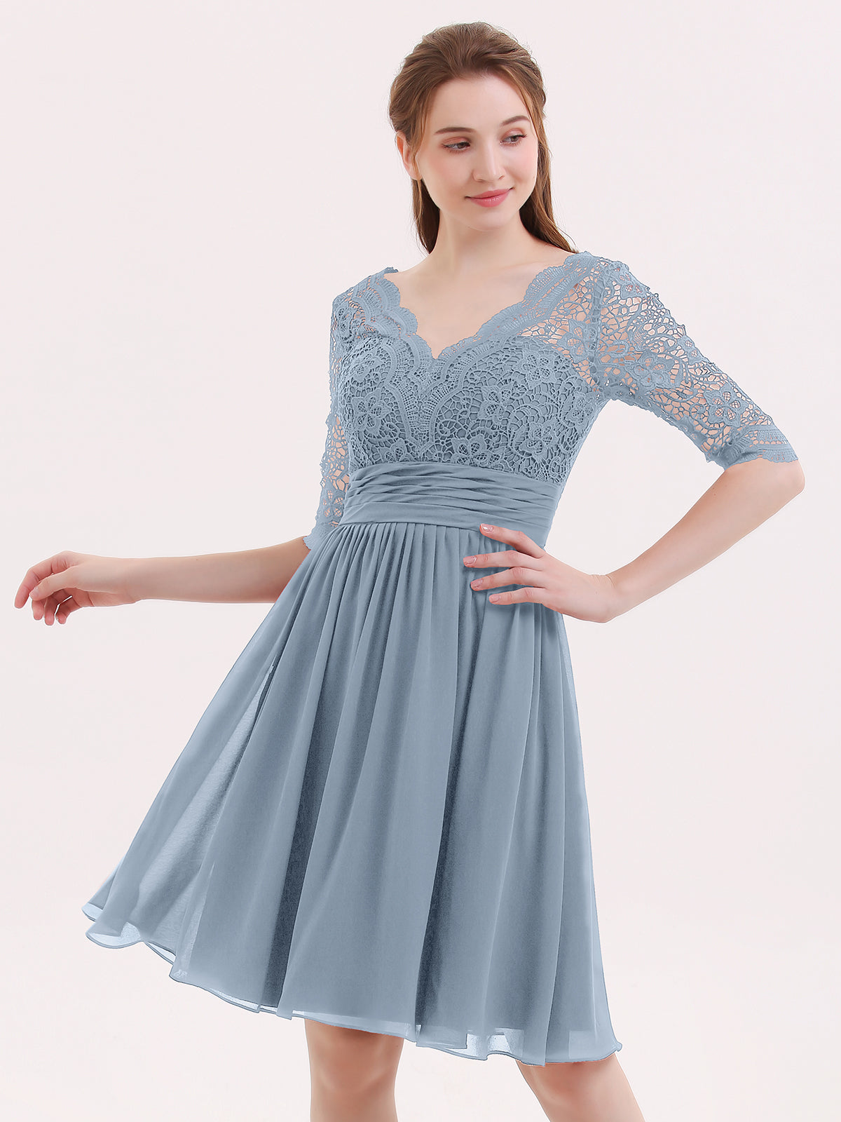 knee length dusty blue dress BABARONI Chiffon Bridesmaid Dresses V-neck Knee-length 3/4-Length Lace A-line, Dusty Blue / US0 glitter homecoming Elegant and sophisticated White Lace Dress,African lace Coat Size:14 WR