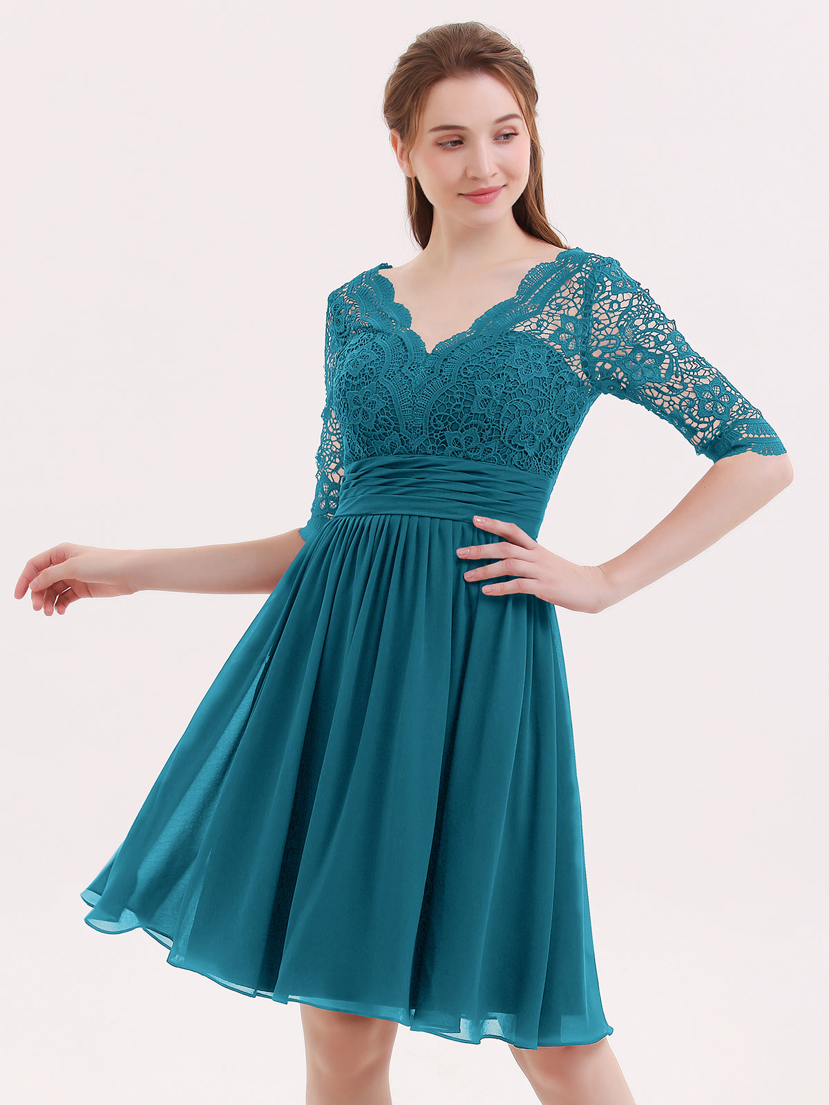 BABARONI Lace and Chiffon Short Dress with Half Sleeves Ink Blue, Ink Blue / US0