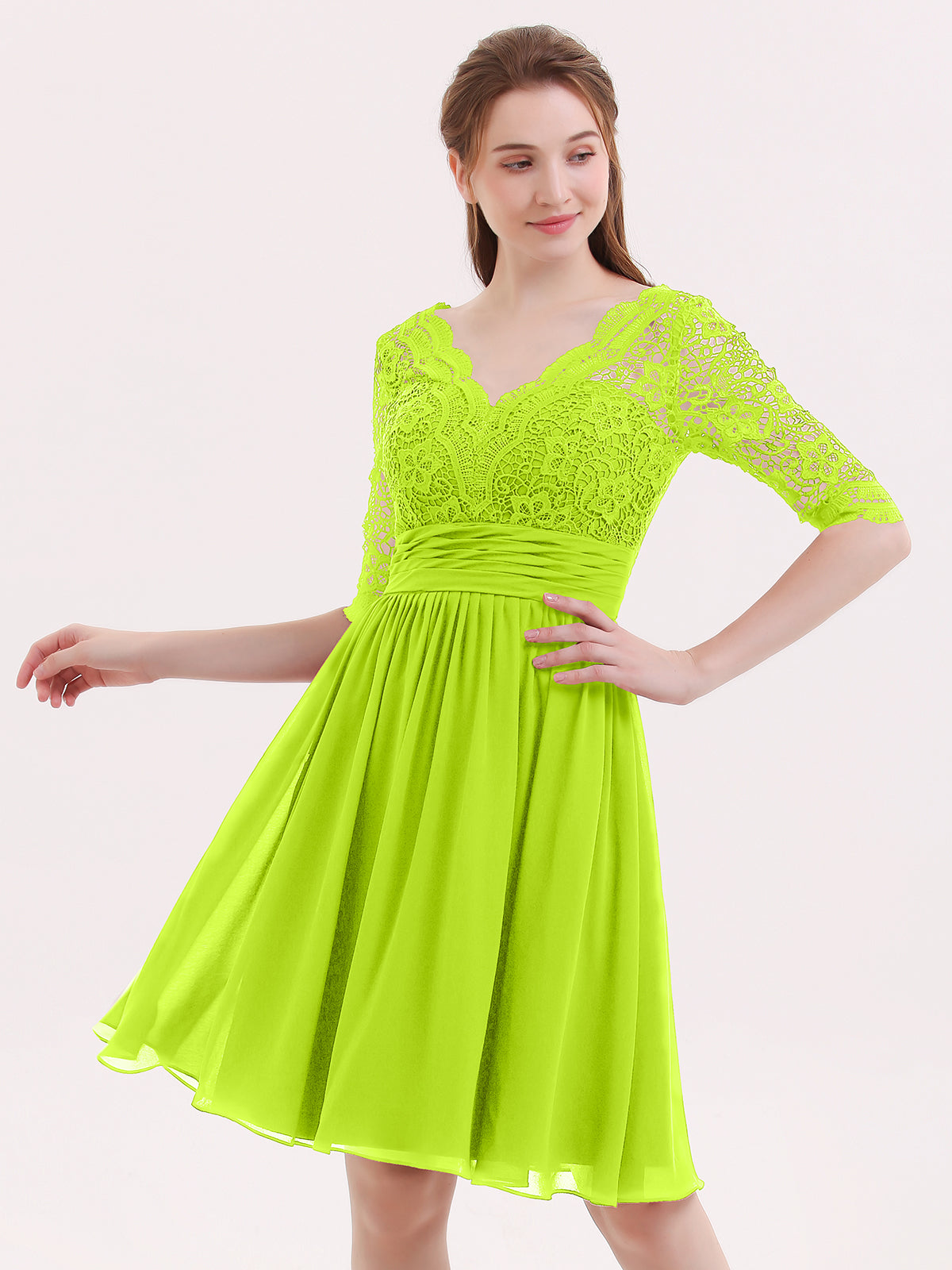 BABARONI Lace and Chiffon Short Dress with Half Sleeves Lime Green, Lime Green / US0 BABARONI Lace and Chiffon Short Dress with Half Sleeves Lime Green, Lime Green / US0