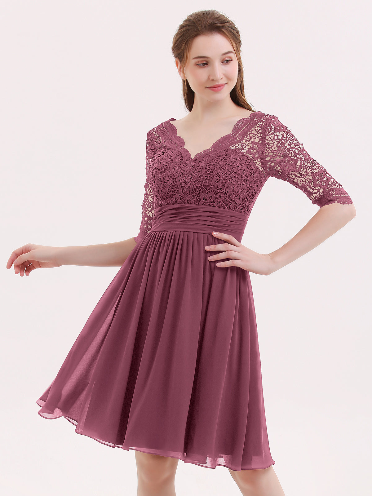 BABARONI Lace and Chiffon Short Dress with Half Sleeves Mulberry, Mulberry / US0 BABARONI Lace and Chiffon Short Dress with Half Sleeves Mulberry, Mulberry / US0