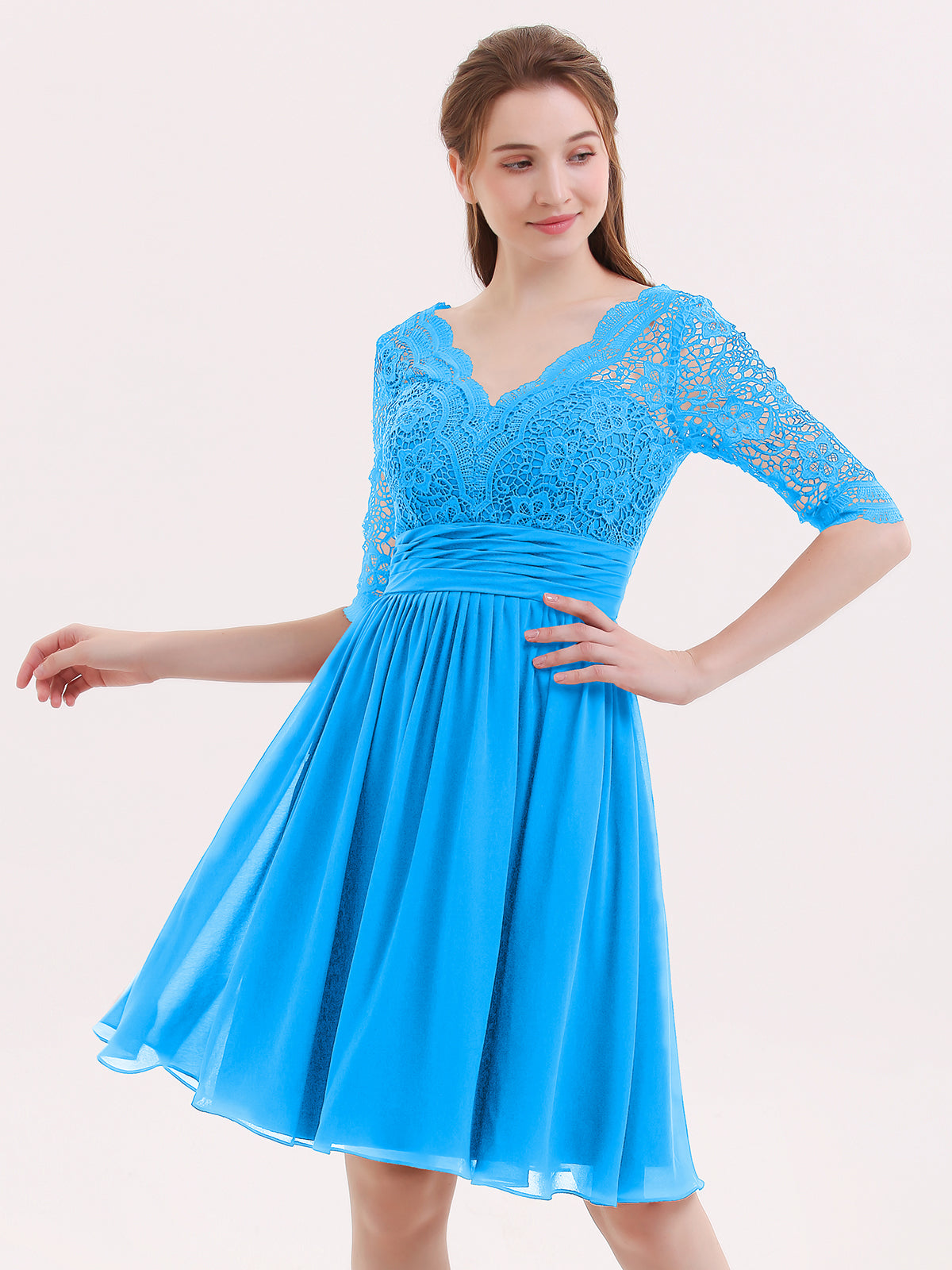 BABARONI Lace and Chiffon Short Dress with Half Sleeves Ocean Blue, Ocean Blue / US0 BABARONI Lace and Chiffon Short Dress with Half Sleeves Ocean Blue, Ocean Blue / US0