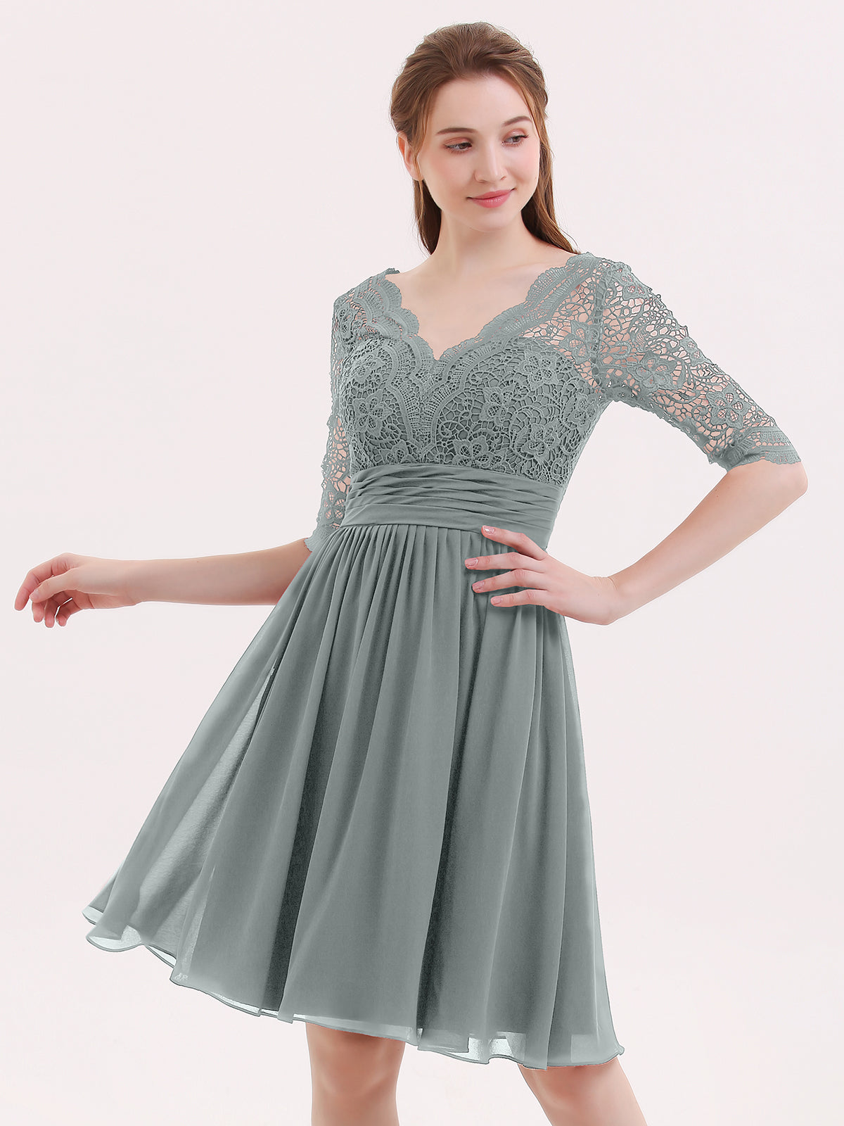 BABARONI Lace and Chiffon Short Dress with Half Sleeves Steel Grey, Steel Grey / US0 BABARONI Lace and Chiffon Short Dress with Half Sleeves Steel Grey, Steel Grey / US0