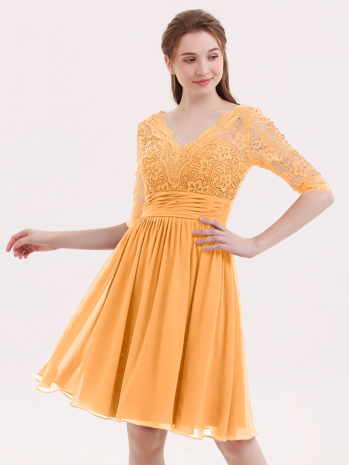 BABARONI Lace and Chiffon Short Dress with Half Sleeves Tangerine, Tangerine / US0 BABARONI Lace and Chiffon Short Dress with Half Sleeves Tangerine, Tangerine / US0