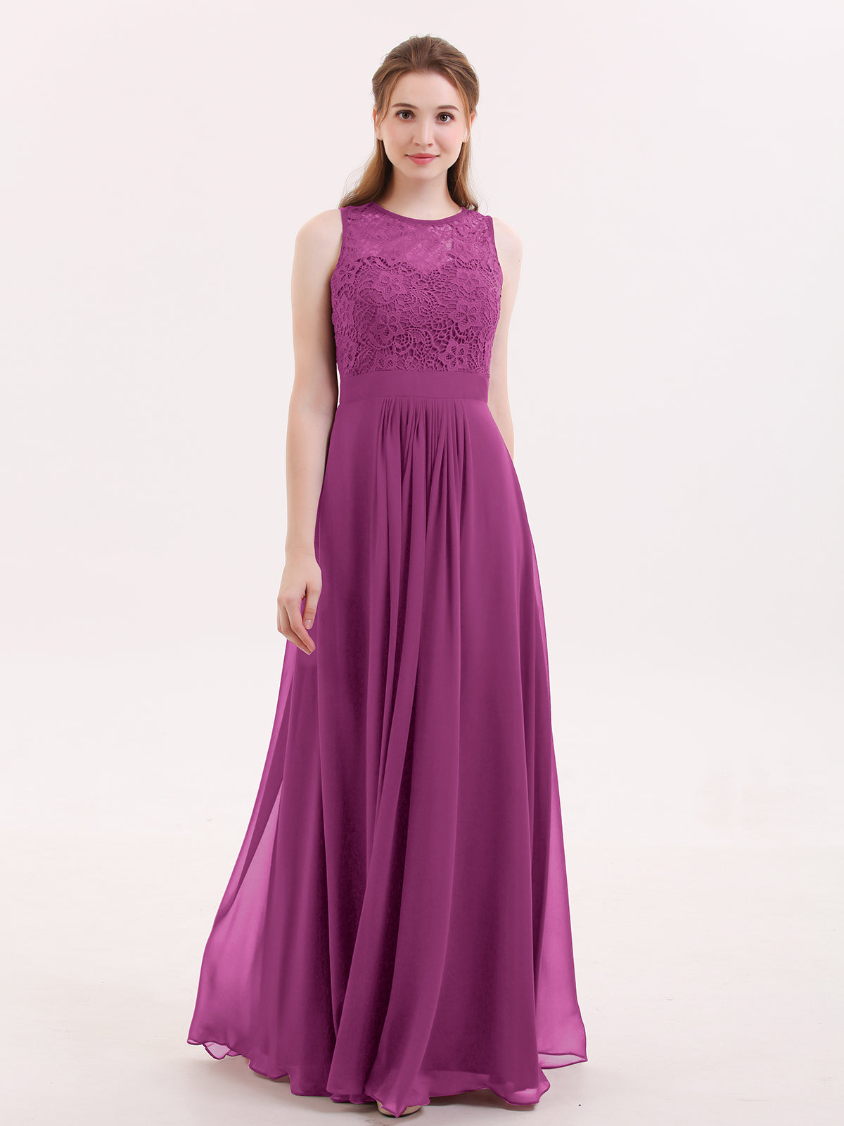 Full Length Chiffon Gowns with Illusion Neck Orchid Plus Size