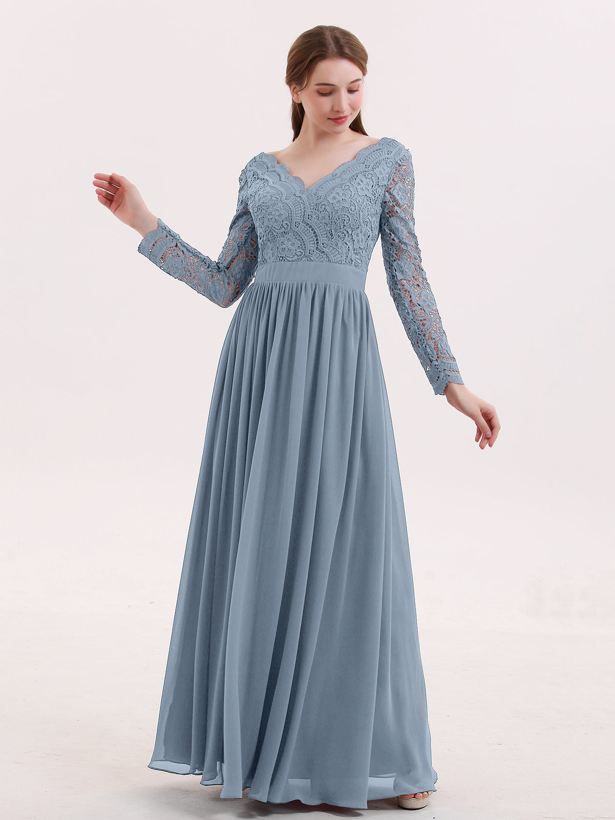 BABARONI V Neck Lace and Chiffon Dress with Long Sleeves Dusty Blue, Dusty Blue / US0 BABARONI V Neck Lace and Chiffon Dress with Long Sleeves Dusty Blue, Dusty Blue / US0