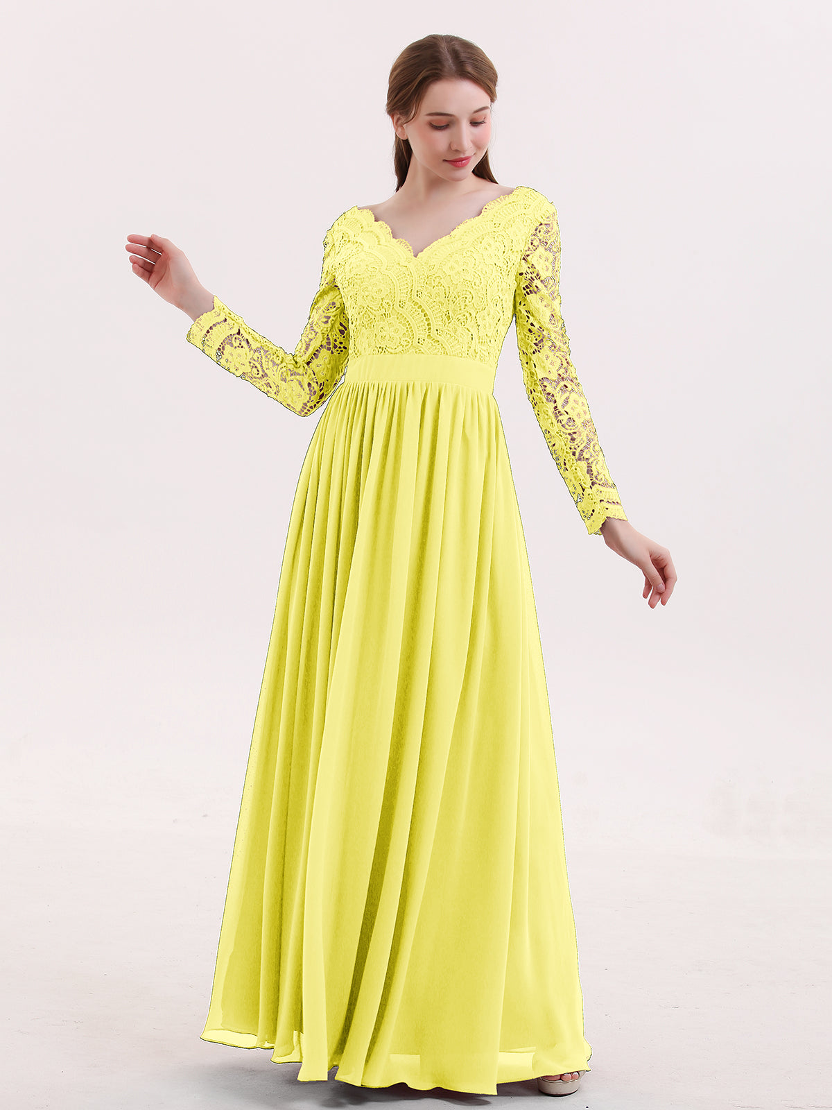 BABARONI V Neck Lace and Chiffon Dress with Long Sleeves Lemon, Lemon / US0 BABARONI V Neck Lace and Chiffon Dress with Long Sleeves Lemon, Lemon / US0