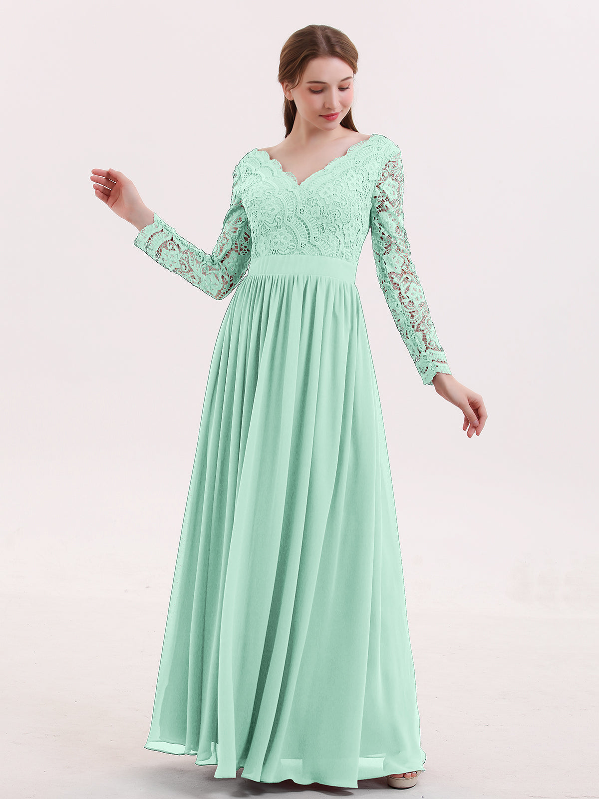 BABARONI V Neck Lace and Chiffon Dress with Long Sleeves Mint Green, Mint Green / US0 BABARONI V Neck Lace and Chiffon Dress with Long Sleeves Mint Green, Mint Green / US0
