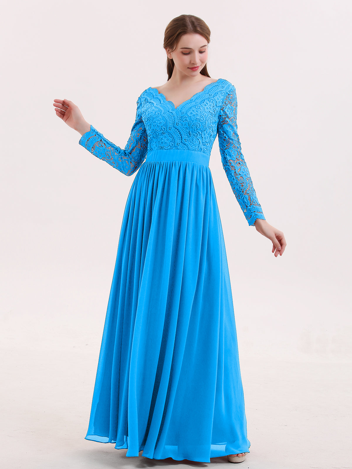 BABARONI V Neck Lace and Chiffon Dress with Long Sleeves Ocean Blue, Ocean Blue / US0 BABARONI V Neck Lace and Chiffon Dress with Long Sleeves Ocean Blue, Ocean Blue / US0