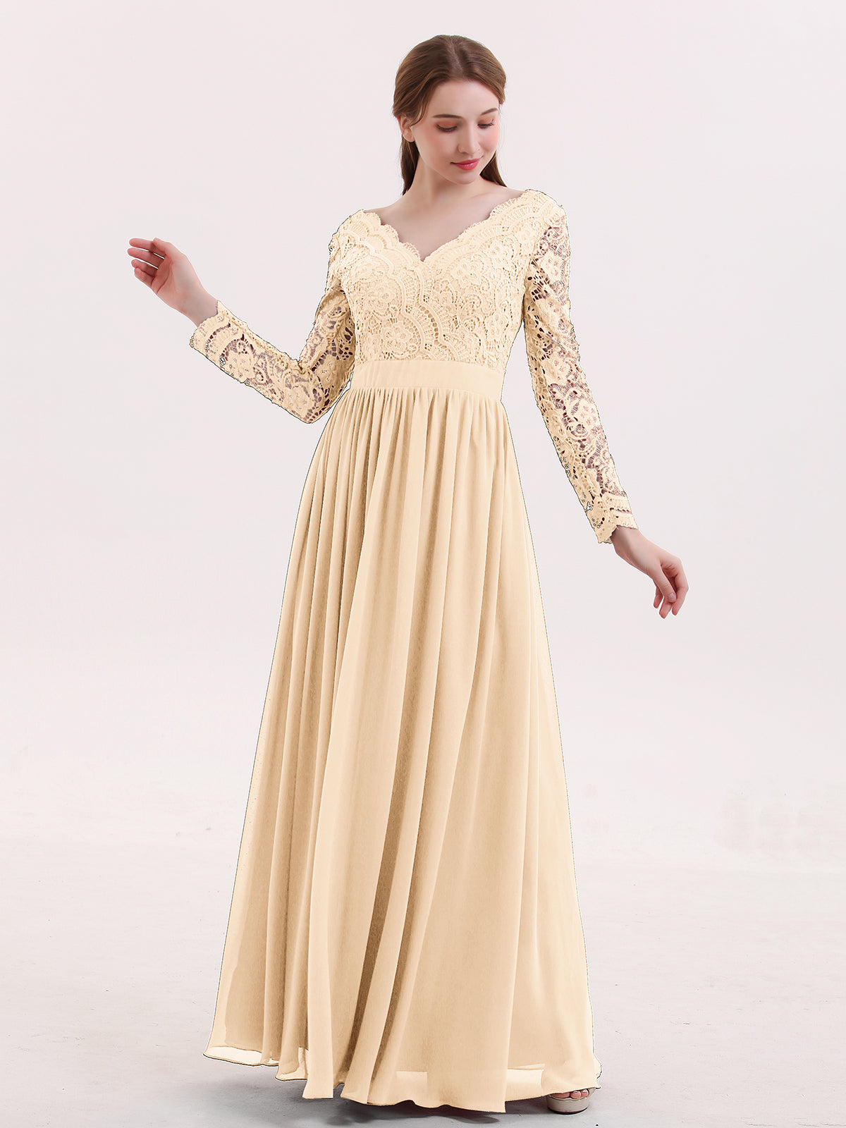 BABARONI V Neck Lace and Chiffon Dress with Long Sleeves Peach, Peach / US0 BABARONI V Neck Lace and Chiffon Dress with Long Sleeves Peach, Peach / US0