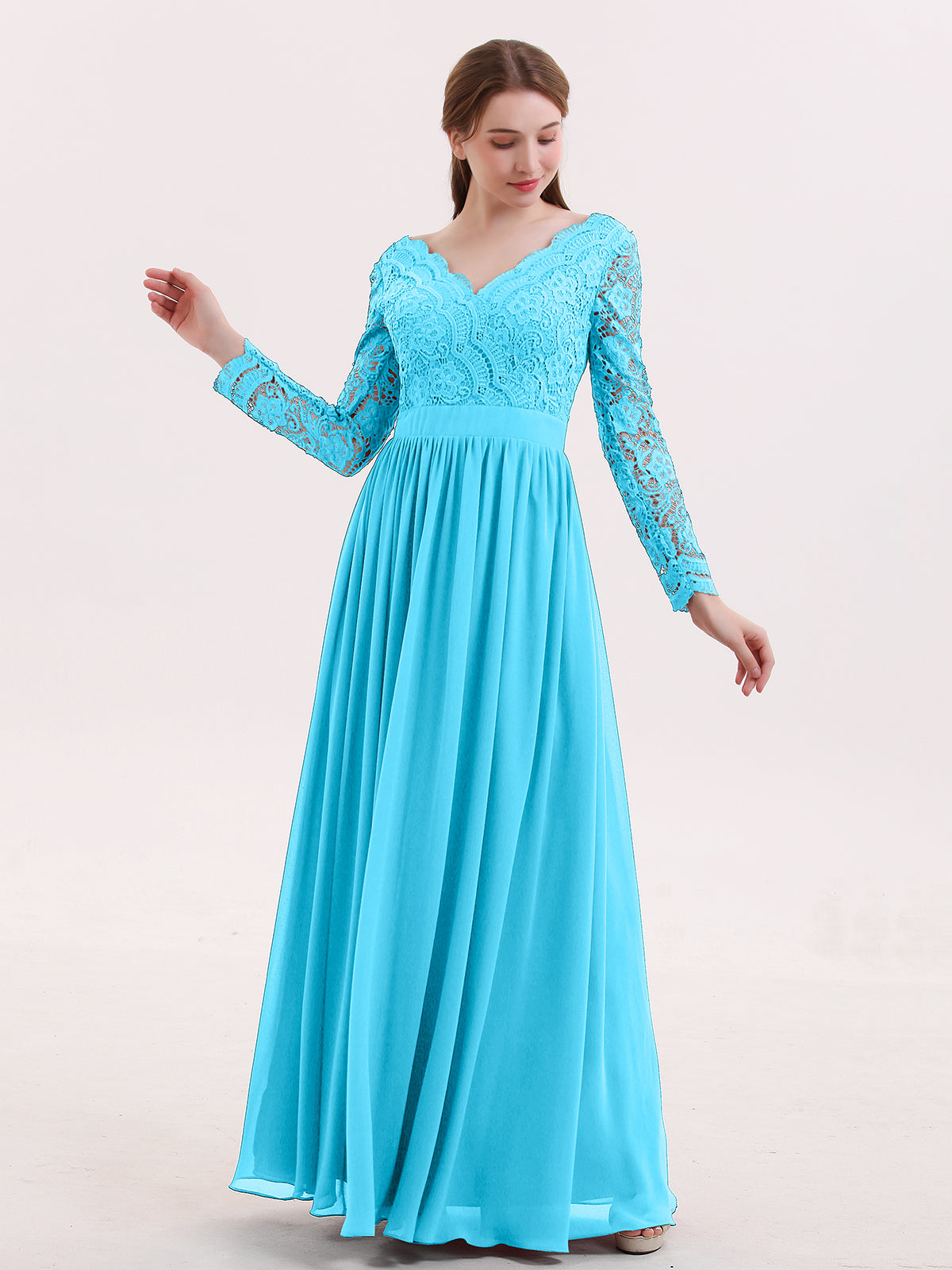 BABARONI V Neck Lace and Chiffon Dress with Long Sleeves Pool, Pool / US0 BABARONI V Neck Lace and Chiffon Dress with Long Sleeves Pool, Pool / US0
