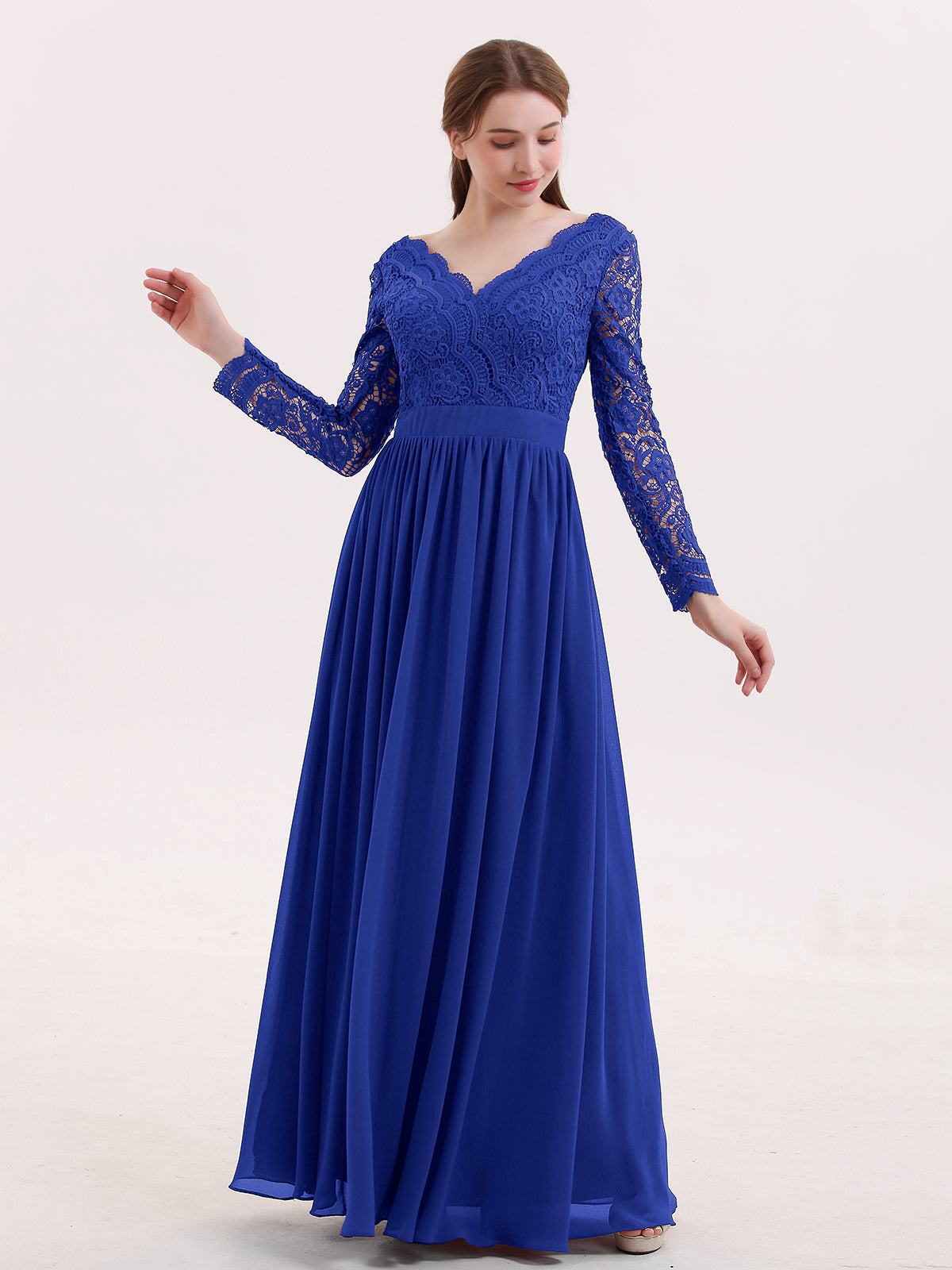 BABARONI V Neck Lace and Chiffon Dress with Long Sleeves Royal Blue, Royal Blue / US0 BABARONI V Neck Lace and Chiffon Dress with Long Sleeves Royal Blue, Royal Blue / US0