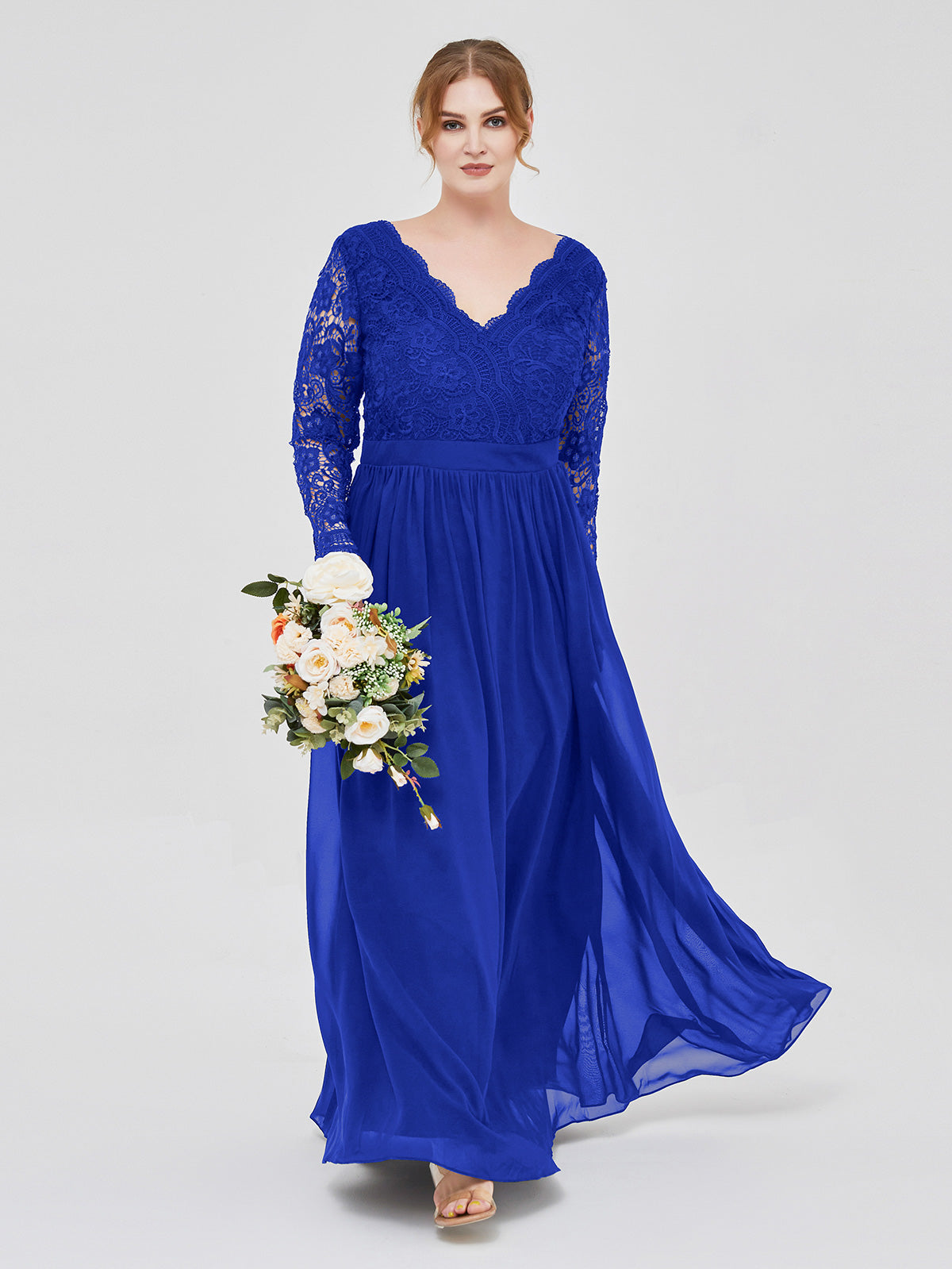 BABARONI V Neck Lace and Chiffon Dress with Long Sleeves Royal Blue, Royal Blue / US0