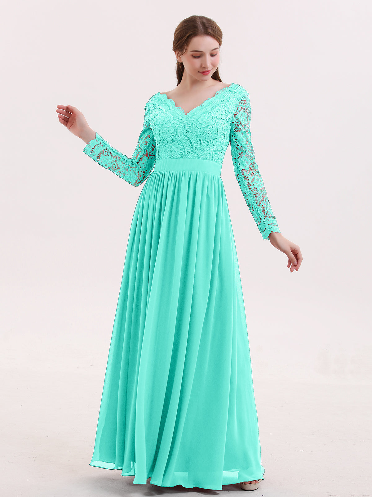 BABARONI V Neck Lace and Chiffon Dress with Long Sleeves Spa, Spa / US0
