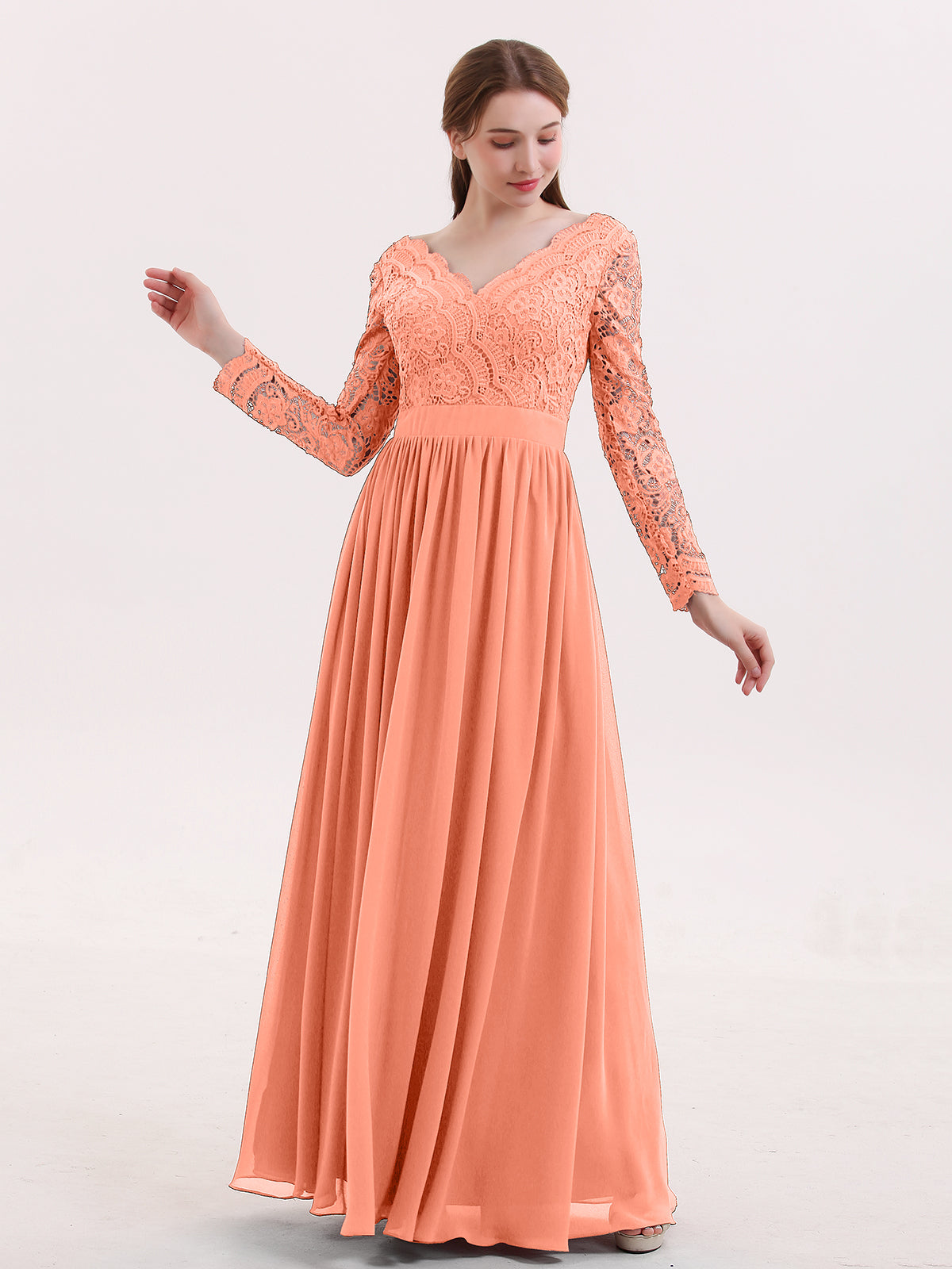 Alina V Neck Lace and Chiffon Dress with Long Sleeves Sunset