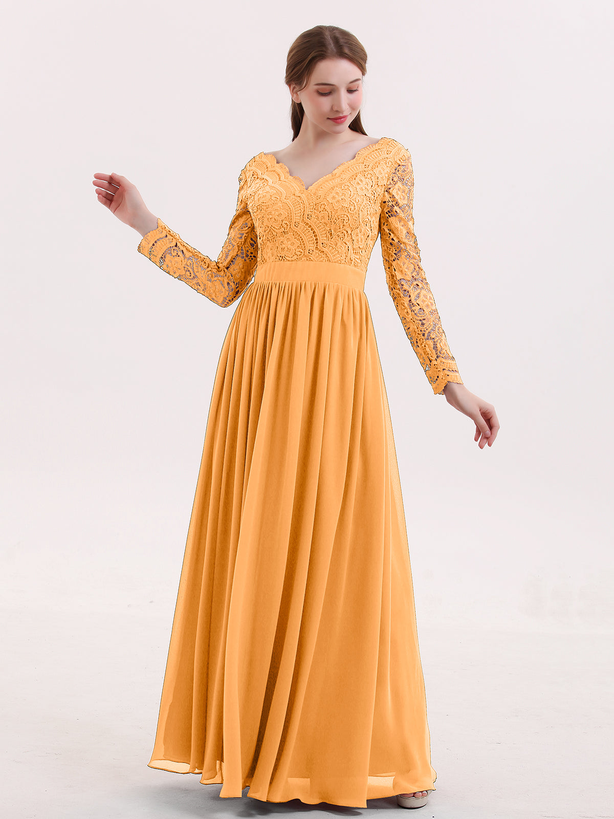 BABARONI V Neck Lace and Chiffon Dress with Long Sleeves Tangerine, Tangerine / US0