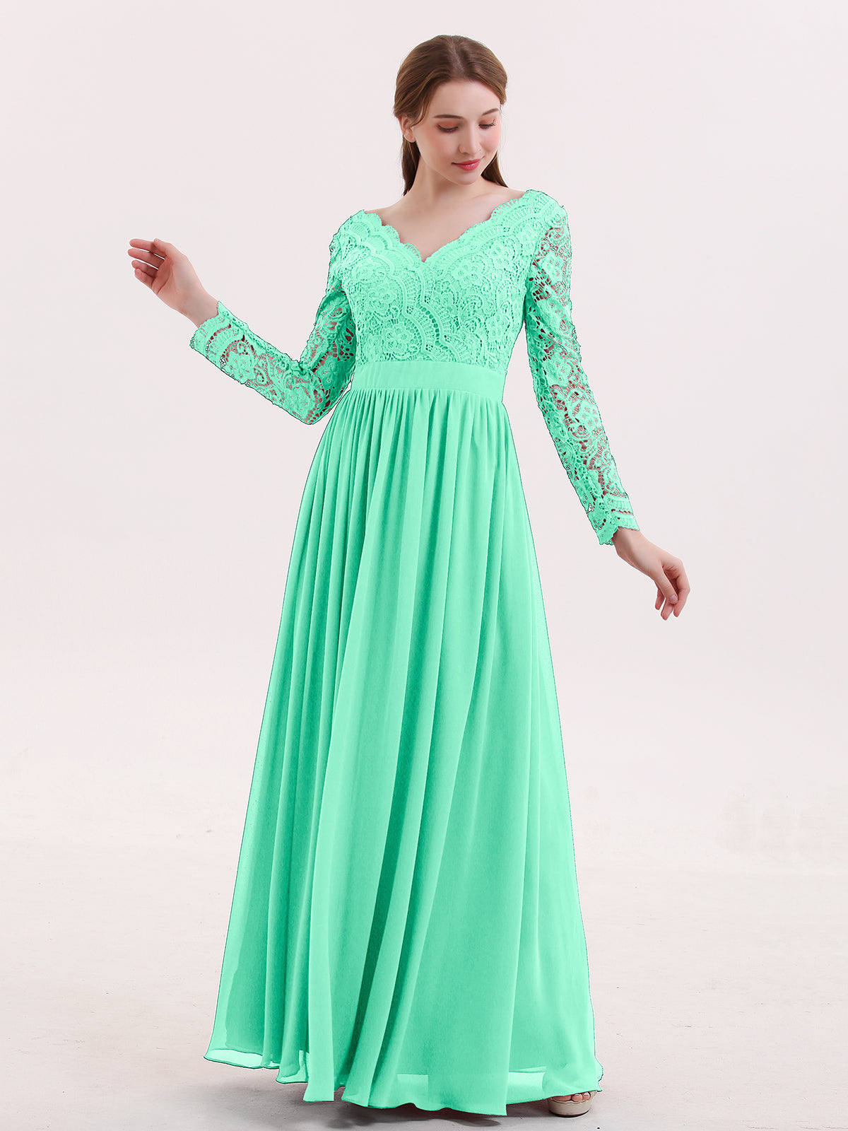 BABARONI Chiffon Turquoise Bridesmaid Dresses V-neck Floor-length Long Sleeve Lace A-line, Turquoise / US0