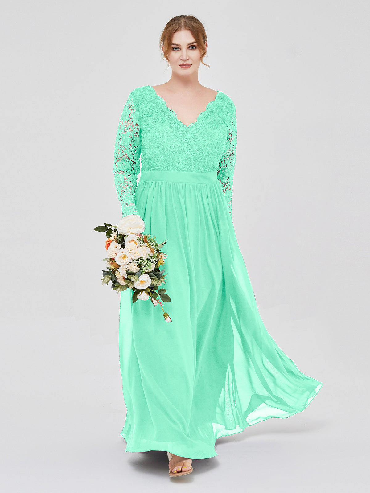 BABARONI V Neck Lace and Chiffon Dress with Long Sleeves Turquoise, Turquoise / US0 BABARONI V Neck Lace and Chiffon Dress with Long Sleeves Turquoise, Turquoise / US0
