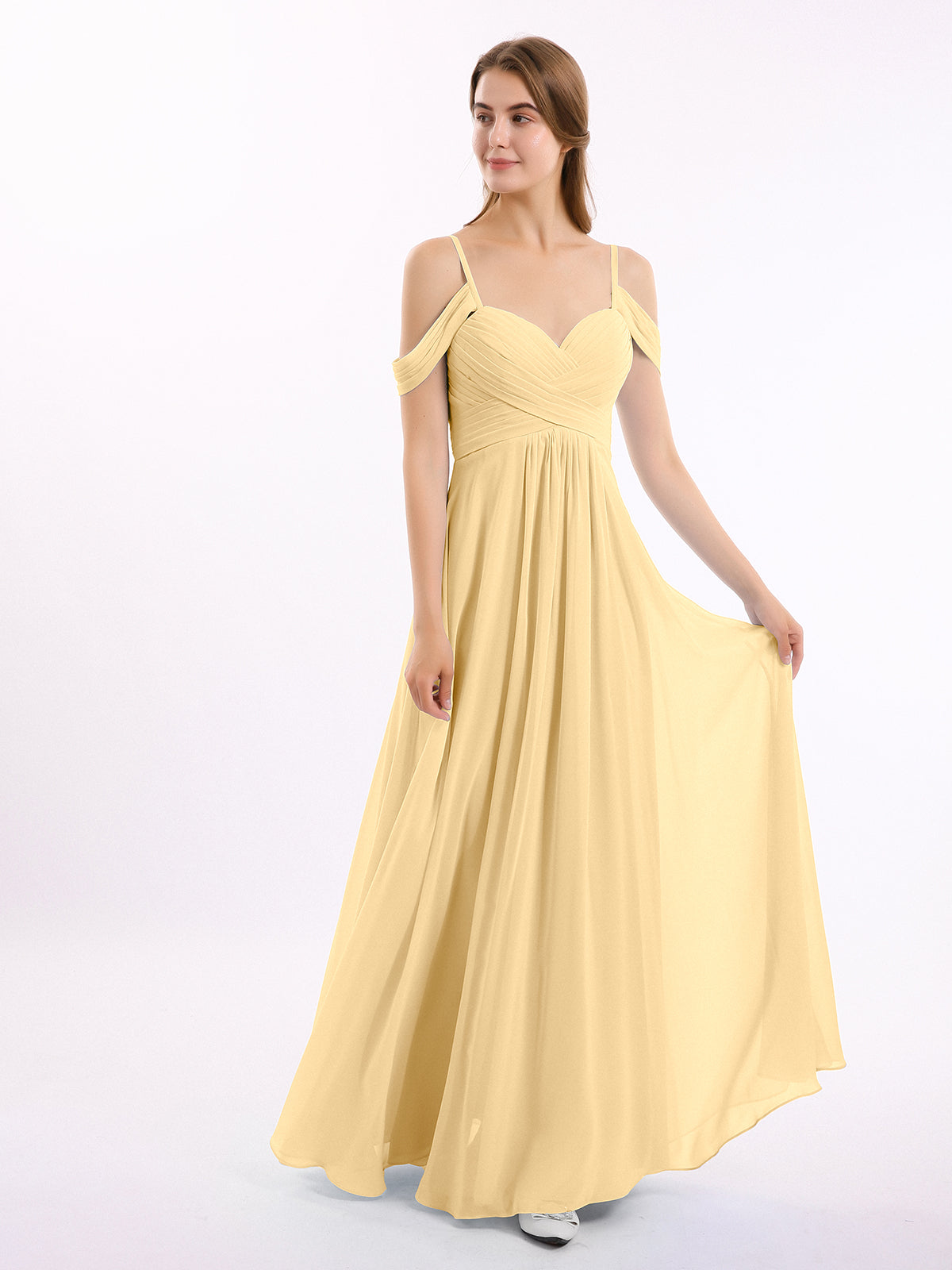 BABARONI Off Shoulder Spaghetti Strap Chiffon Dresses Gold, Gold / US0 BABARONI Off Shoulder Spaghetti Strap Chiffon Dresses Gold, Gold / US0
