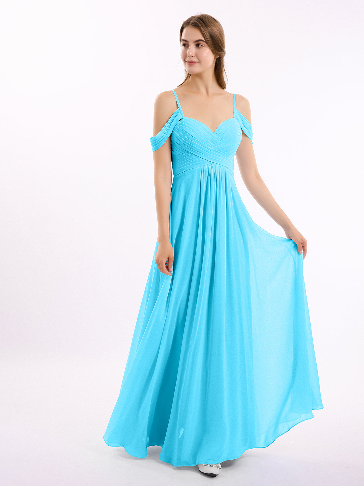 Full-length Spaghetti Strap Off Shoulder Chiffon Gown Ocean Blue