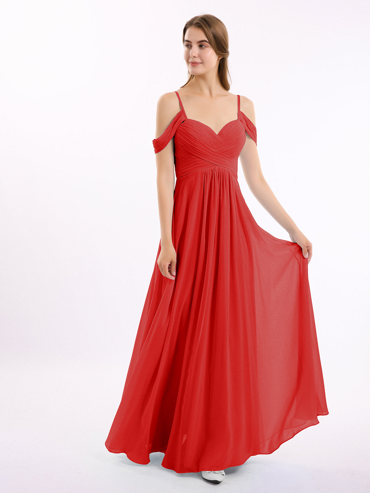 Adjustable spaghetti straps pleated chiffon maxi dress with slit $129