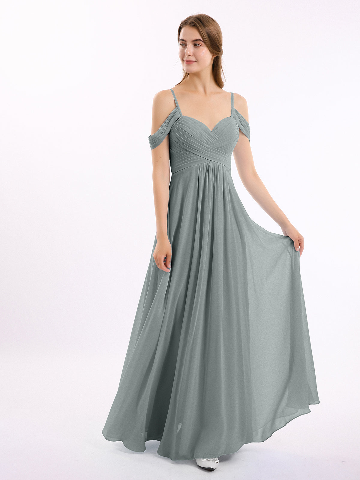 steel grey bridesmaid dresses BABARONI Chiffon Dress Gabrielle Sequin Robe and a silhouette Long Sleeve Dresses | Size:5 (US 14-16)