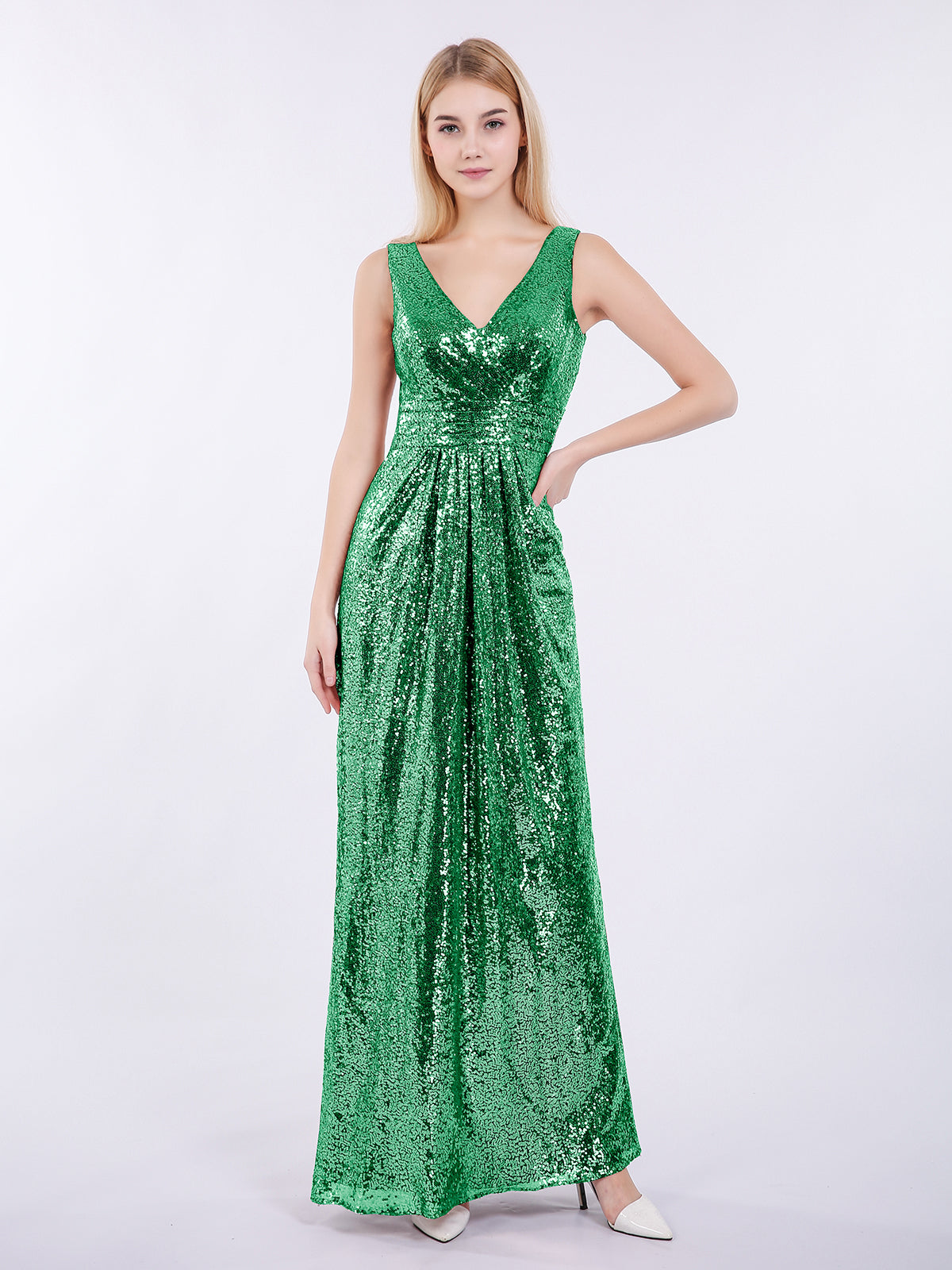 BABARONI Sheath V neck Sequins Long Dress Dark Green, Dark Green / US0 BABARONI Sheath V neck Sequins Long Dress Dark Green, Dark Green / US0
