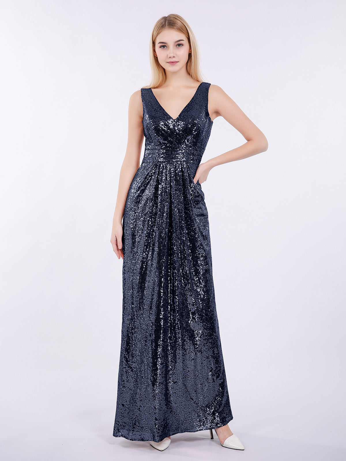 BABARONI Sheath V Neck Sequins Long Dress Dark Navy, Dark Navy / US0