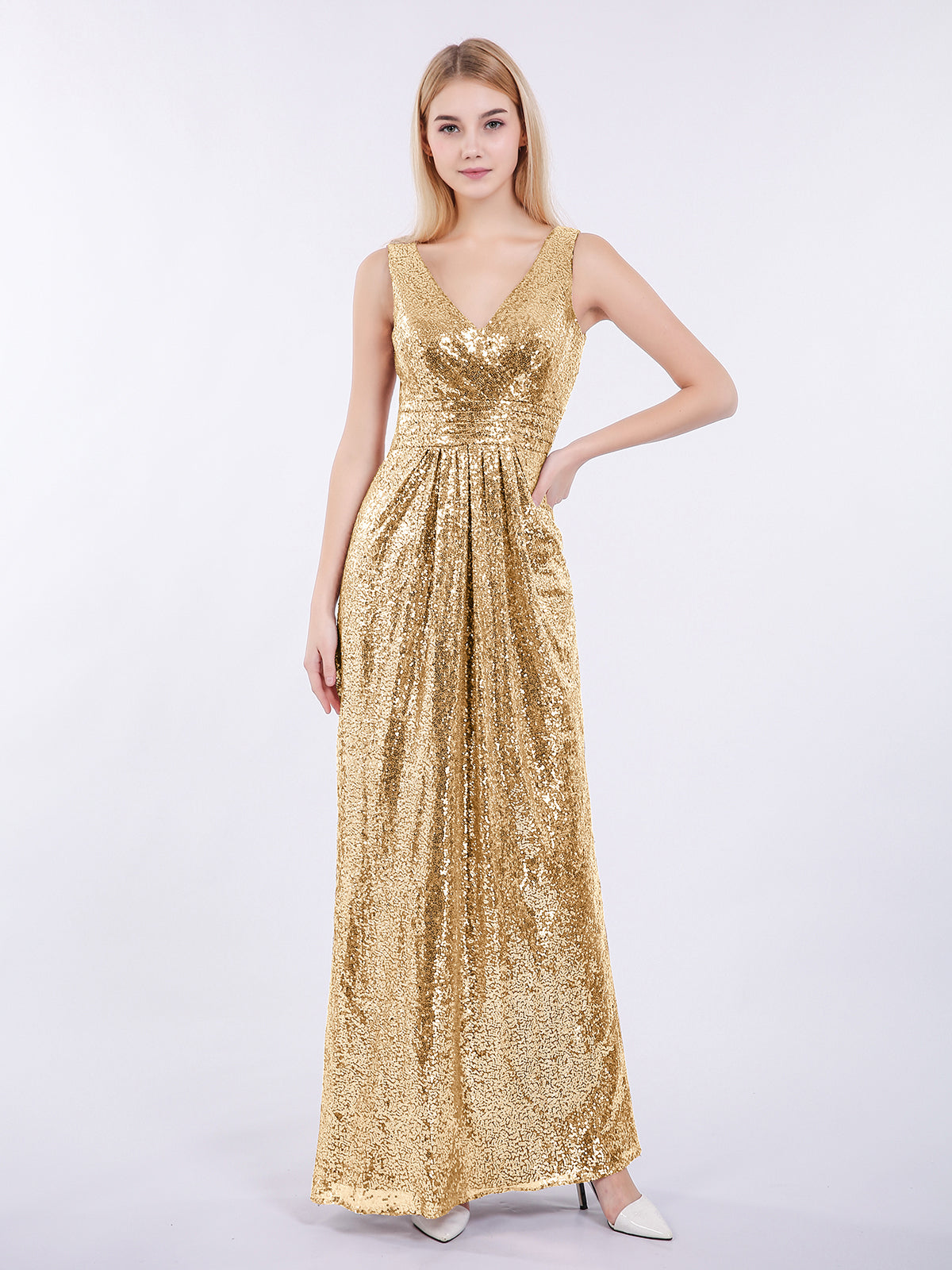 BABARONI Sheath V neck Sequins Long Dress Gold, Gold / US0 BABARONI Sheath V neck Sequins Long Dress Gold, Gold / US0