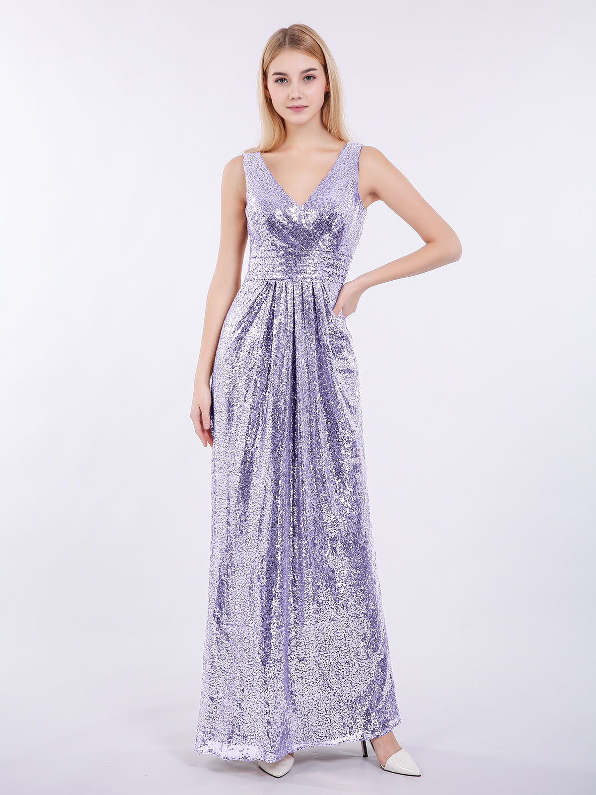 BABARONI Sheath V Neck Sequins Long Dress Lilac Plus size, Lilac / US18