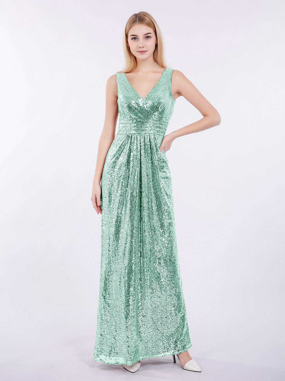 BABARONI Sheath V neck Sequins Long Dress Mint Green, Mint Green / US0 BABARONI Sheath V neck Sequins Long Dress Mint Green, Mint Green / US0