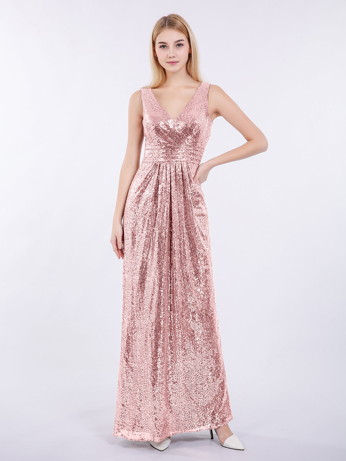 BABARONI Sequin Rose Gold Bridesmaid Dresses V-neck Floor-length Sleeveless Pleated Sheath/Column, Rose Gold / US0