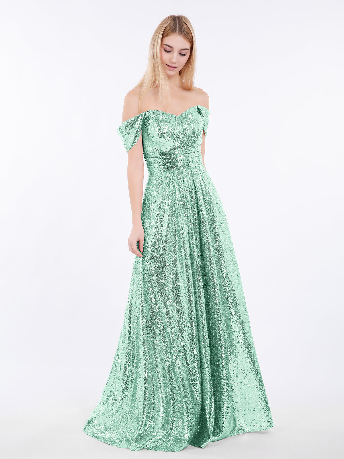 BABARONI Sequin Mint Green Bridesmaid Dresses Off-the-shoulder Floor-length Short Pleated A-line BABARONI Sequin Mint Green Bridesmaid Dresses Off-the-shoulder Floor-length Short Pleated A-line
