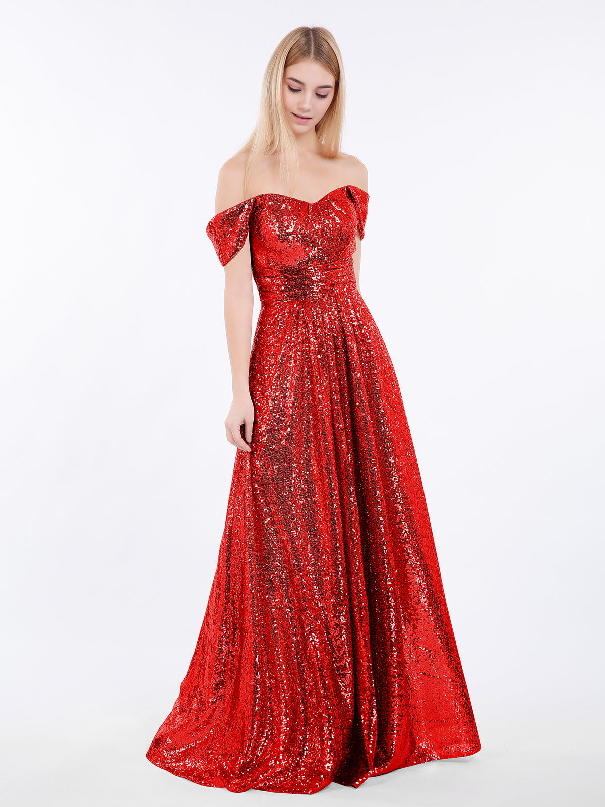 BABARONI Long Sequins Dress with Off The Shoulder Red, Red / US0