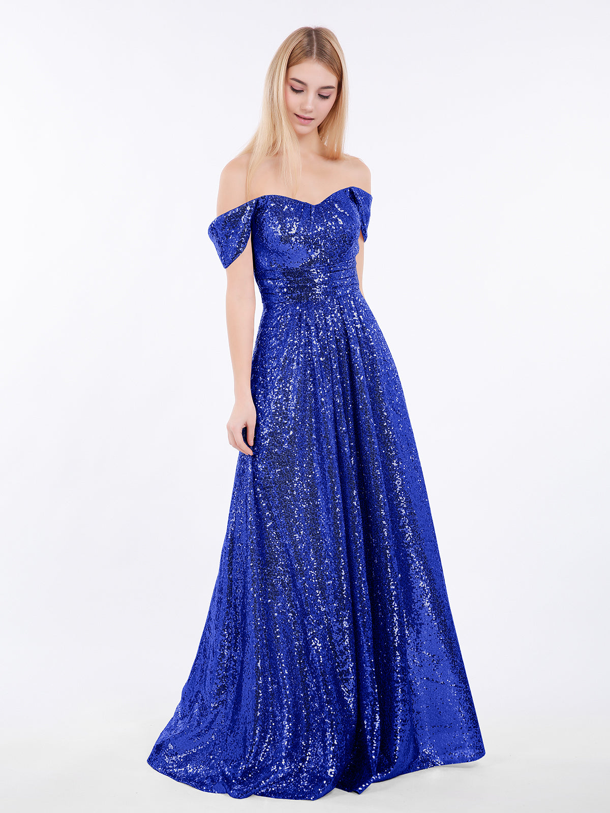 BABARONI Long Sequins Dress with Off the Shoulder Royal Blue, Royal Blue / US0