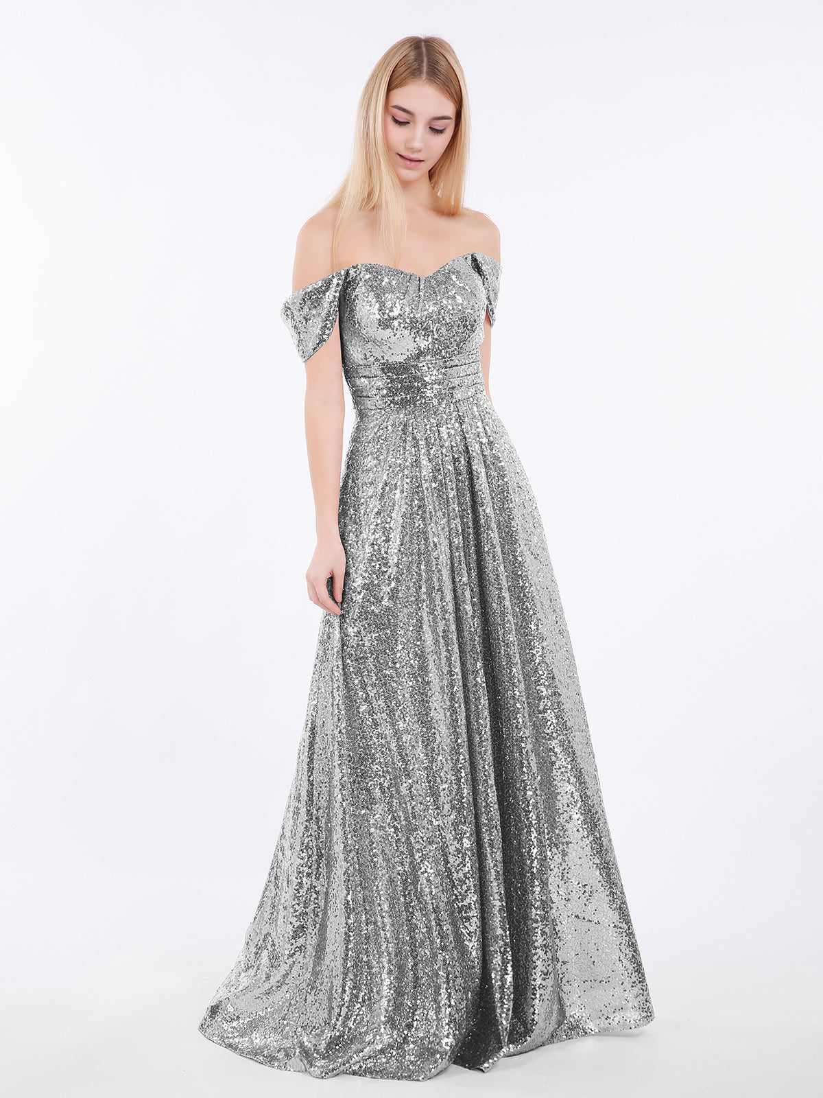 BABARONI Long Sequins Dress with Off the Shoulder Silver, Silver / US0 BABARONI Long Sequins Dress with Off the Shoulder Silver, Silver / US0