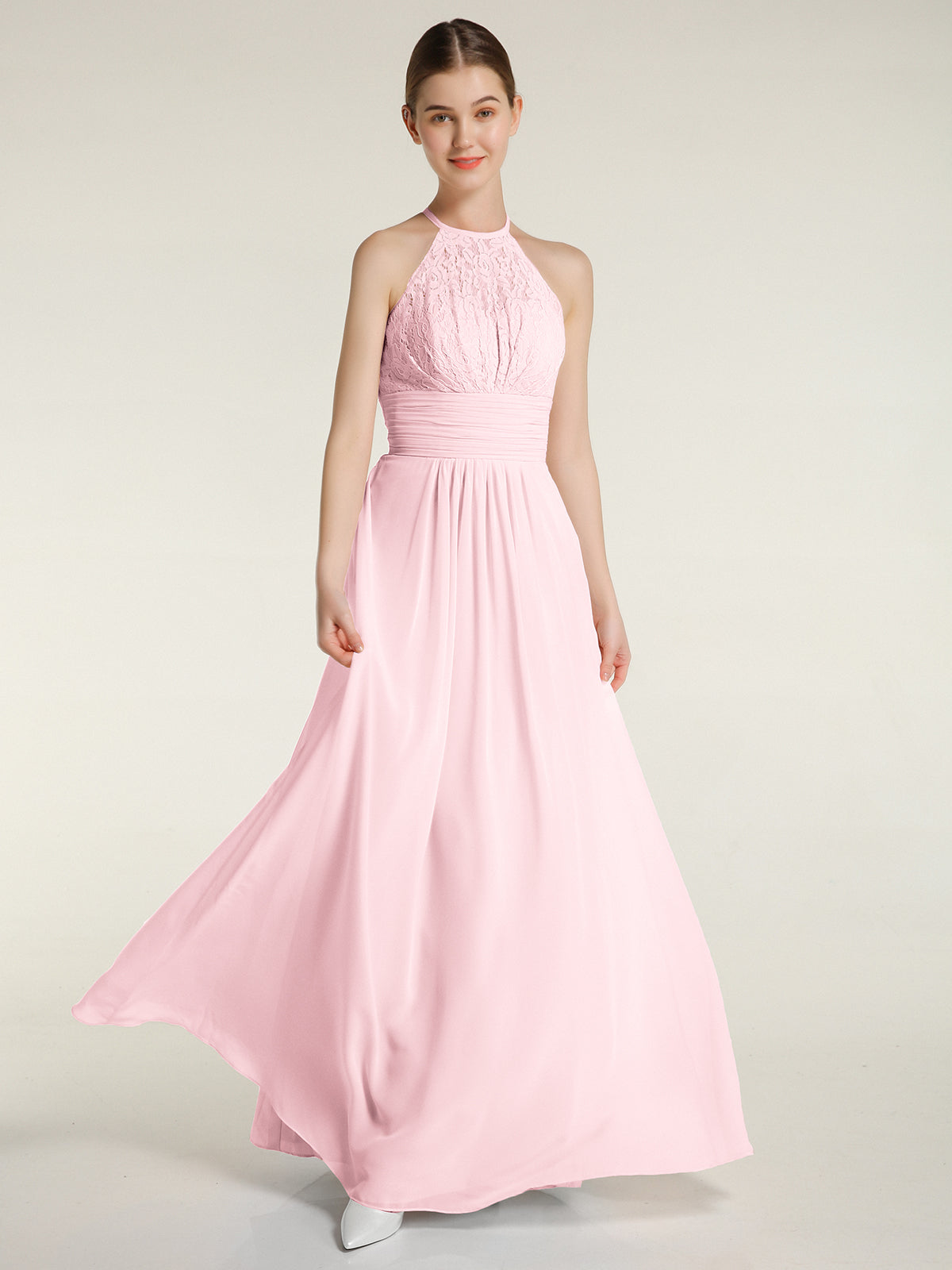 Chiffon Dress with Lace Straps Decor with Sash Bow Blushing Pink Plus Size
