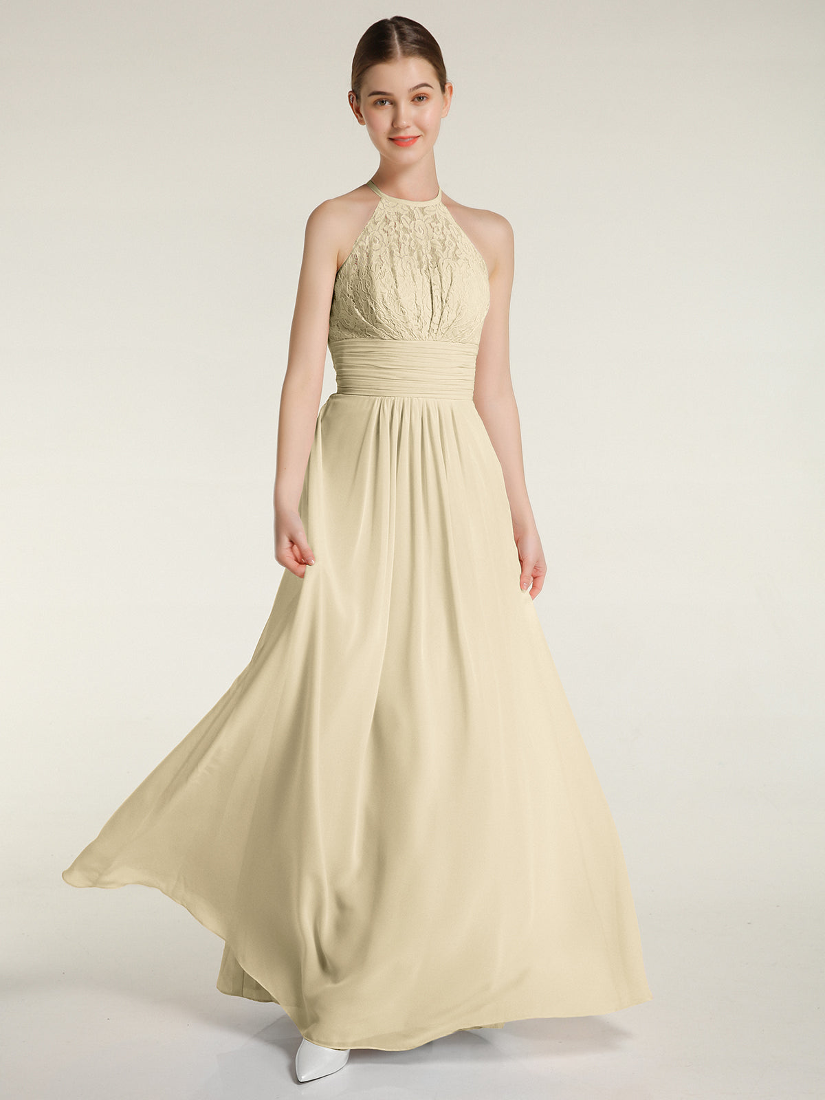 BABARONI Chiffon Champagne Bridesmaid Dresses Halter Floor-length