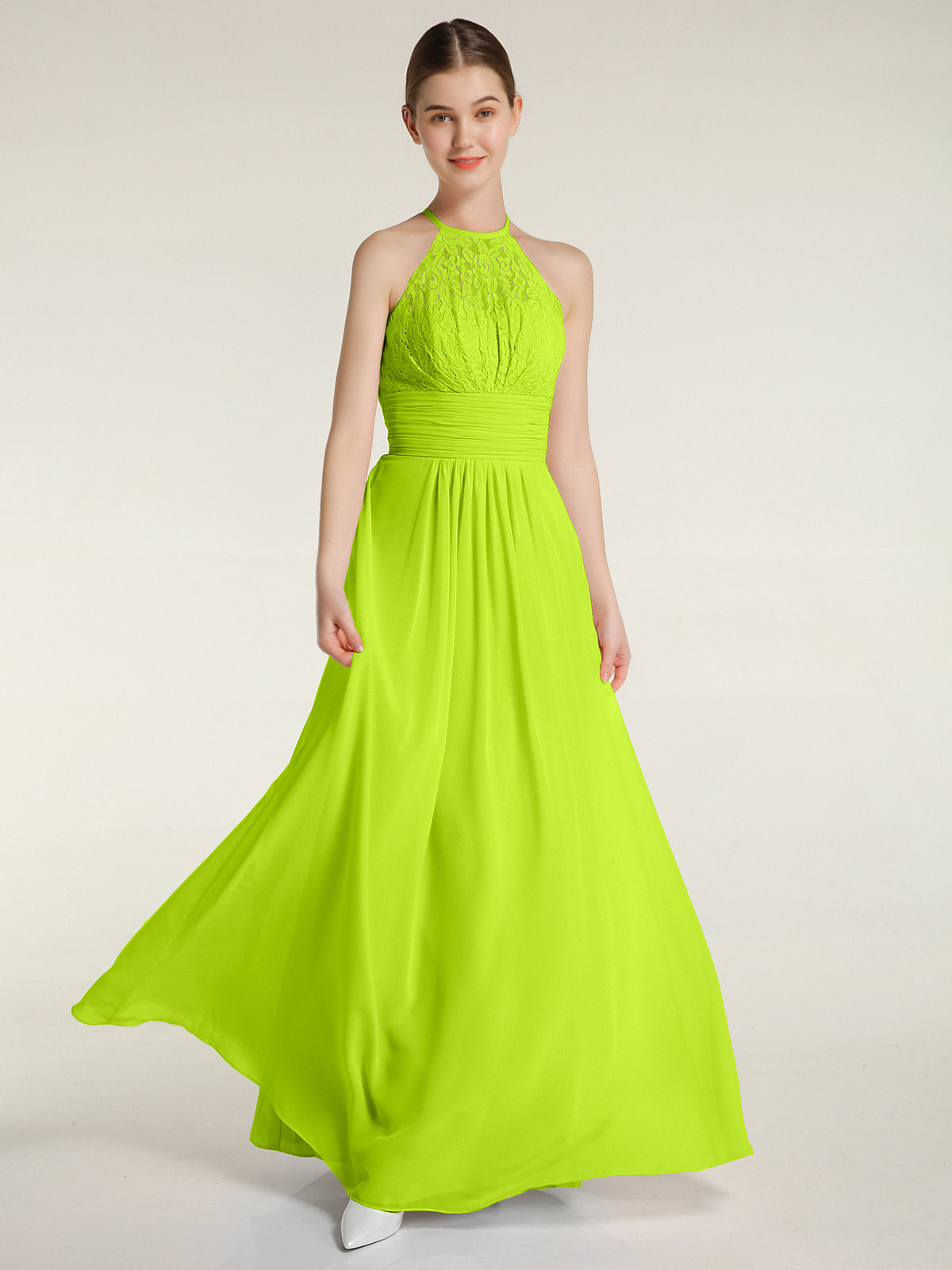 BABARONI Halter Chiffon And Lace Long Dresses Lime Green, Lime Green / US0 BABARONI Halter Chiffon And Lace Long Dresses Lime Green, Lime Green / US0