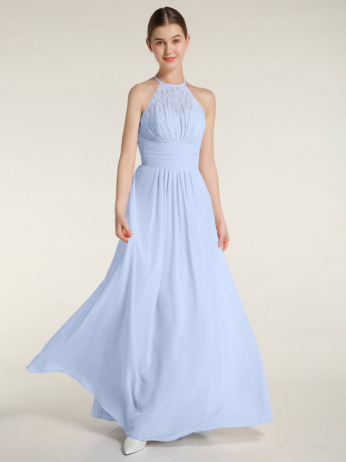 Off-Shoulder Halter Chiffon Dress with Blouson Bodice Sky Blue