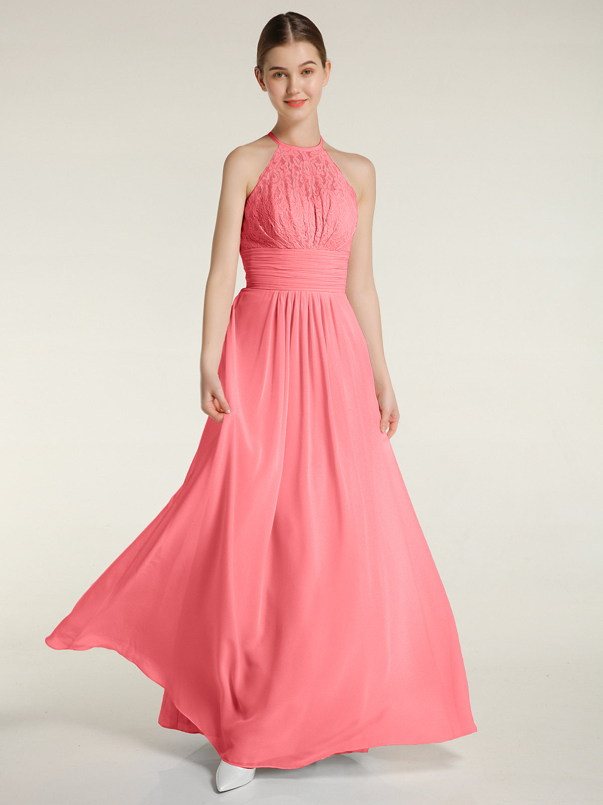 BABARONI Halter Chiffon And Lace Long Dresses Watermelon, Watermelon / US0