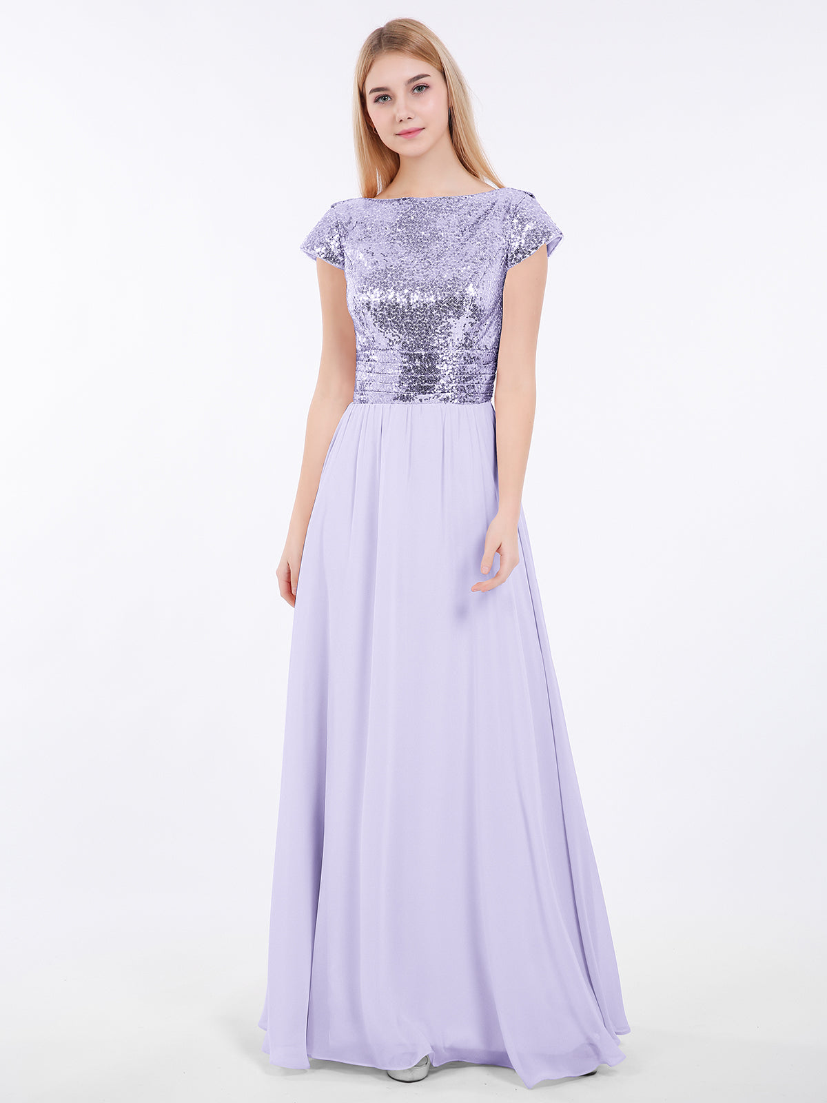 BABARONI Sequins Long Dress with Cap Sleeves Lilac, Lilac / US0