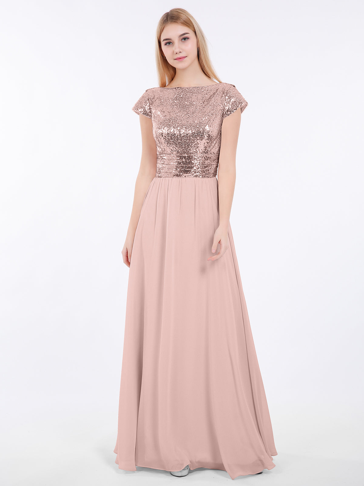 blue dress for baby girl Rose Gold Sequins Long Bridesmaid Dress with Cowl Back – FancyVestido main image 0