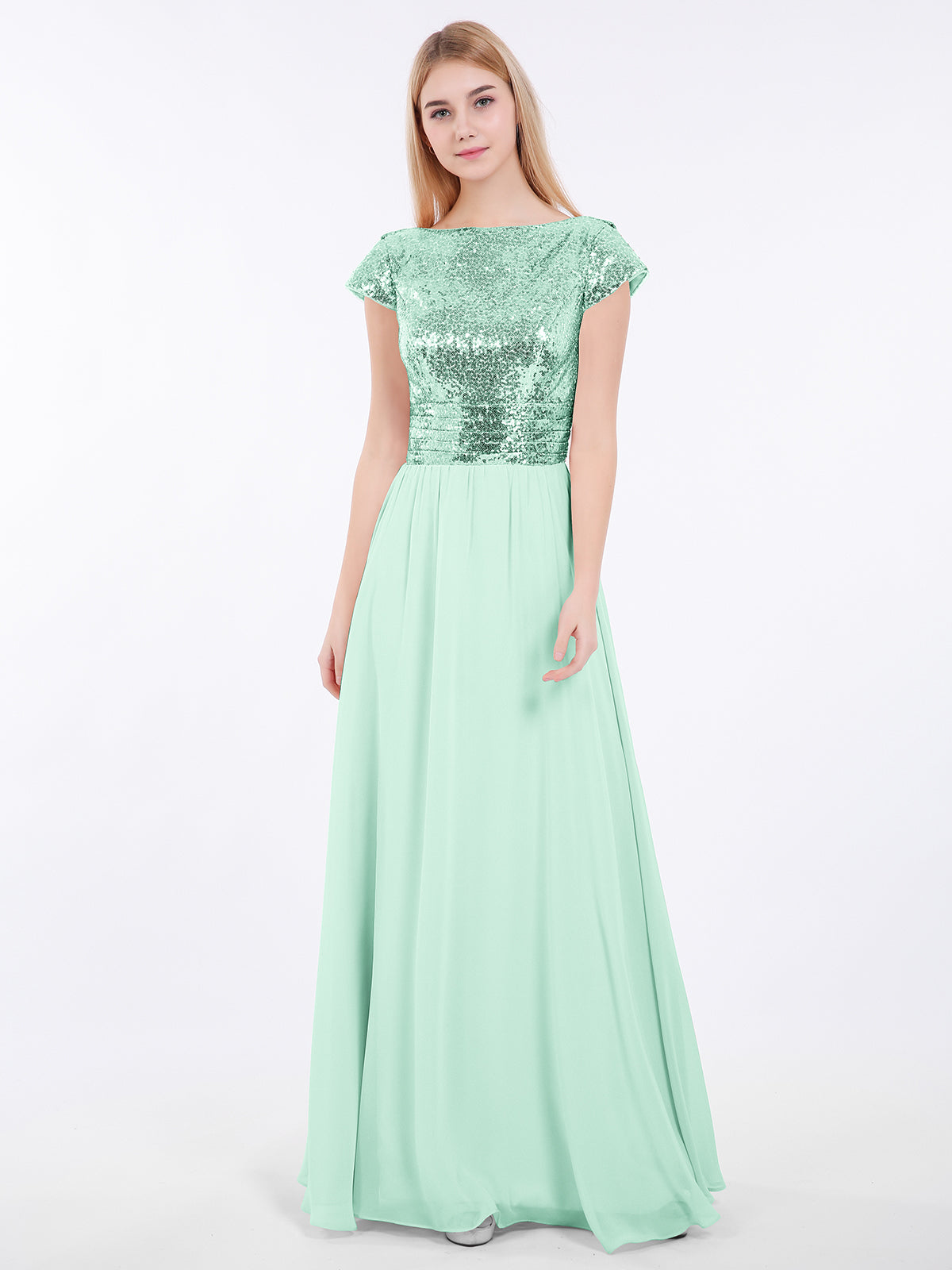 BABARONI Sequin Mint Green Bridesmaid Dresses Bateau Floor-length Short Pleated A-line BABARONI Sequin Mint Green Bridesmaid Dresses Bateau Floor-length Short Pleated A-line